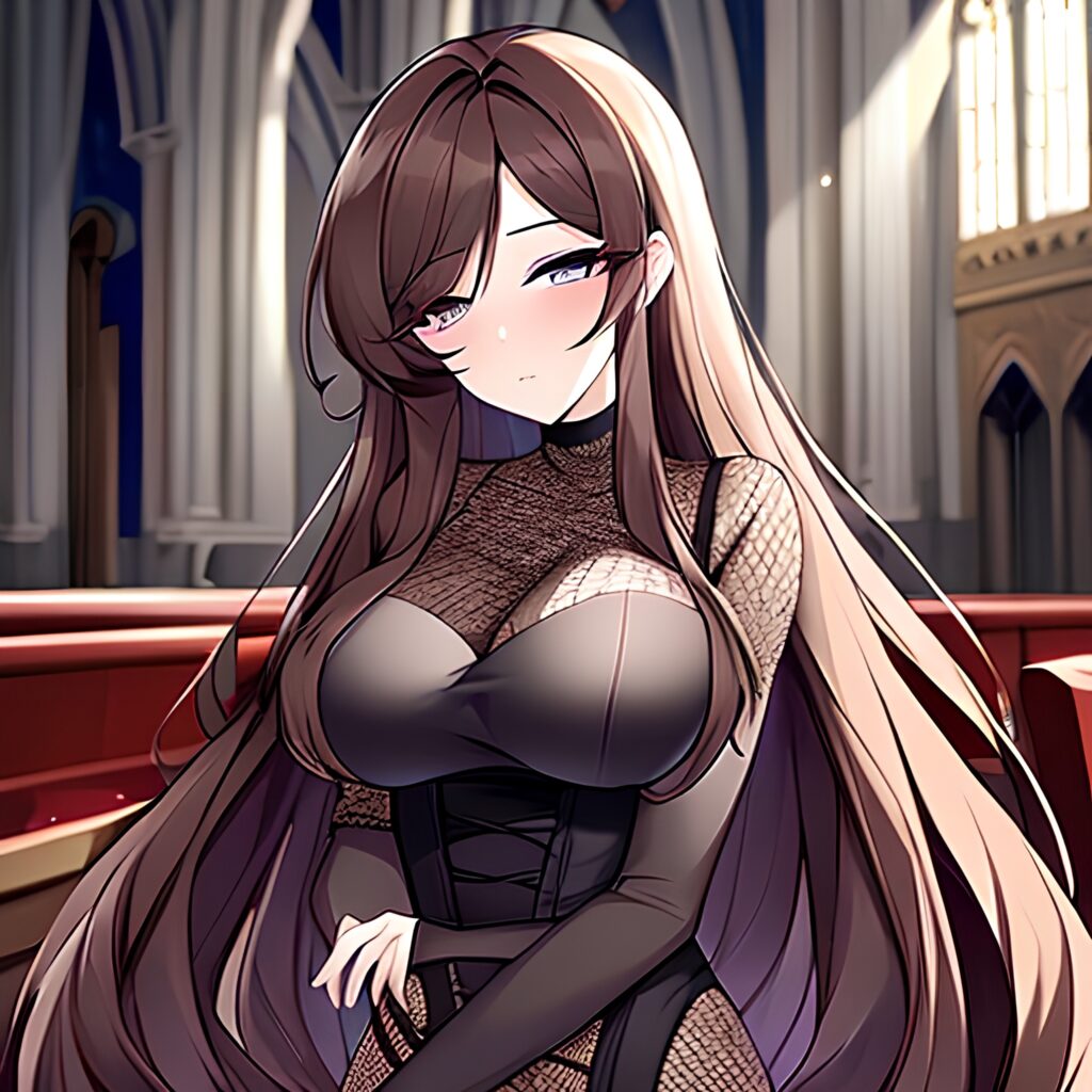 fishnet messy hair long hair brunette church woman 