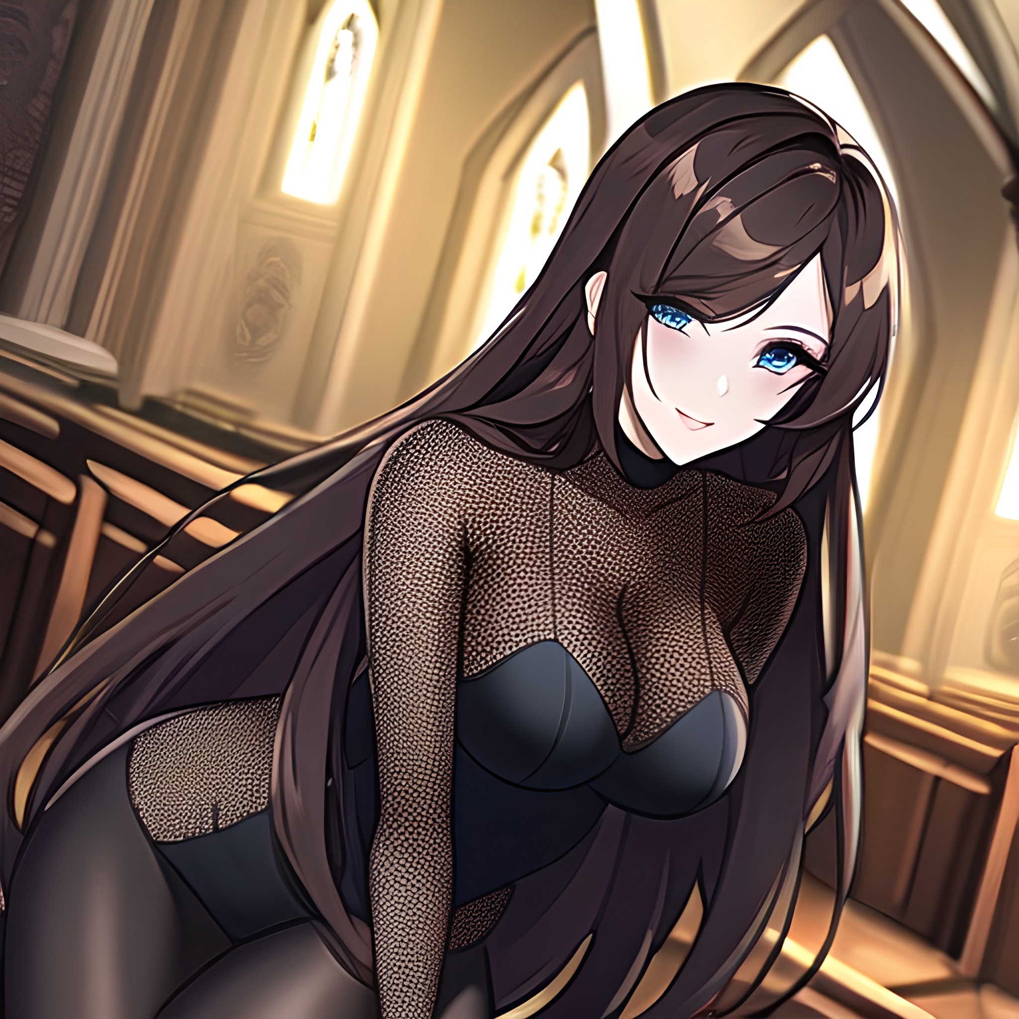 fishnet messy hair long hair brunette woman church