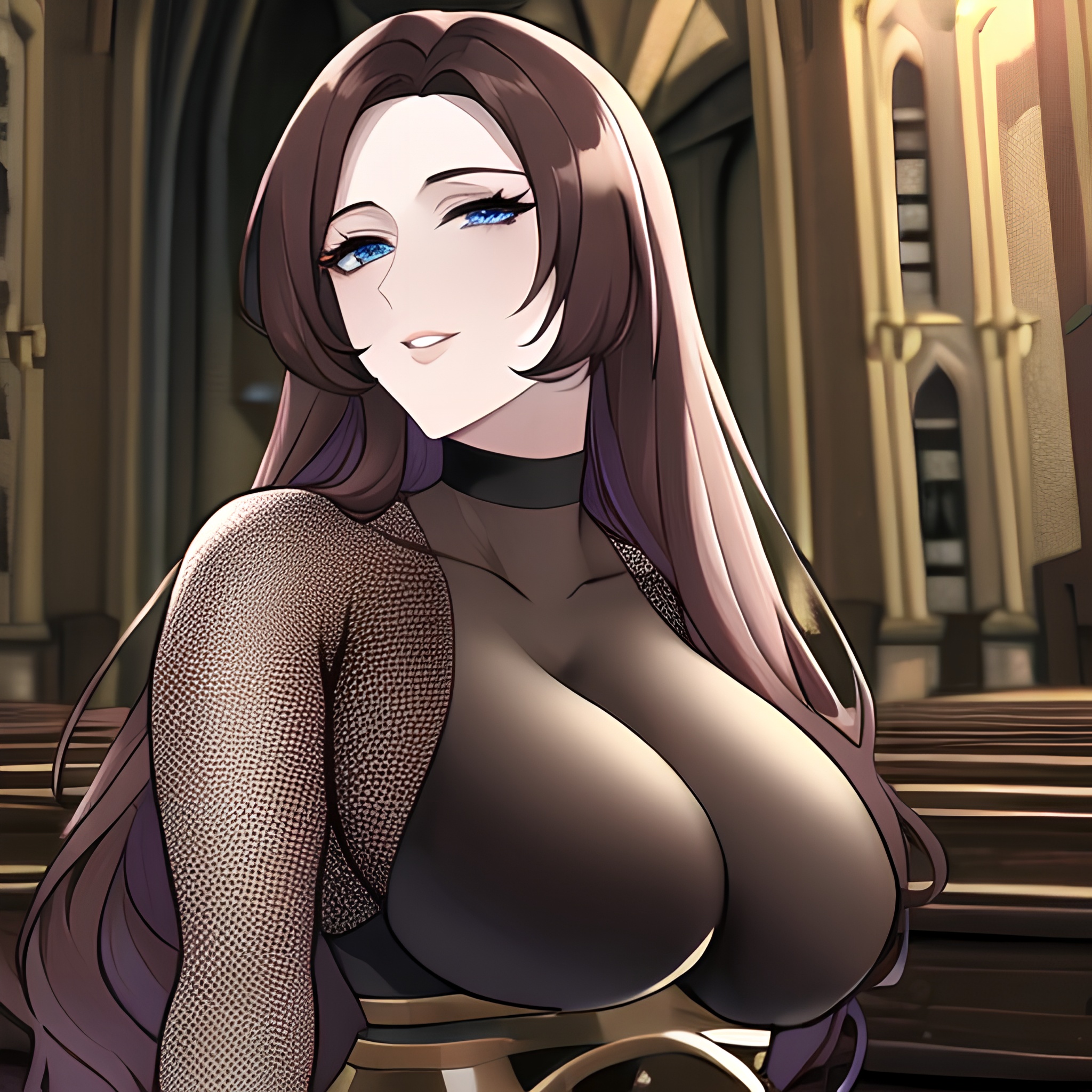 fishnet messy hair long hair brunette woman church