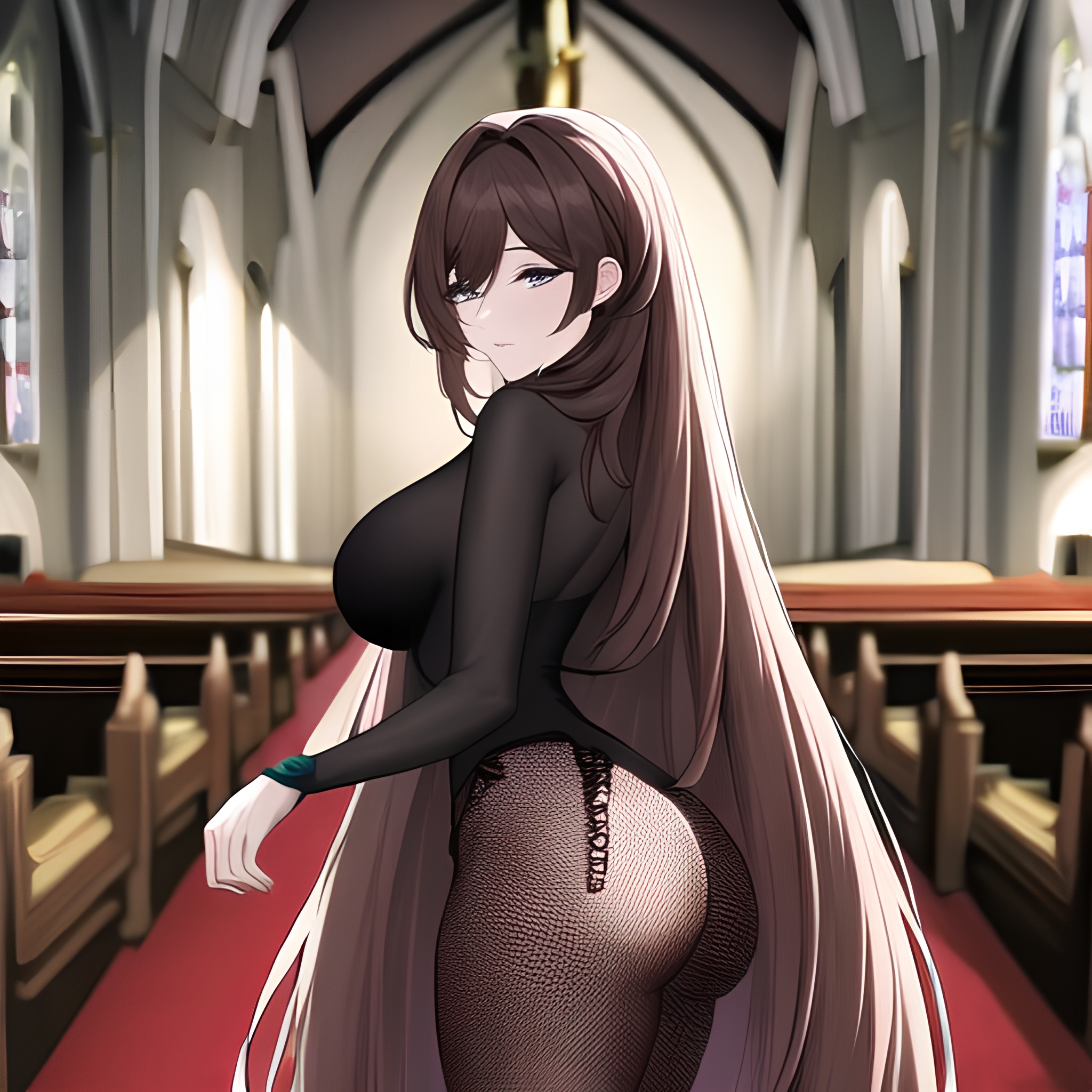 fishnet messy hair long hair church brunette woman