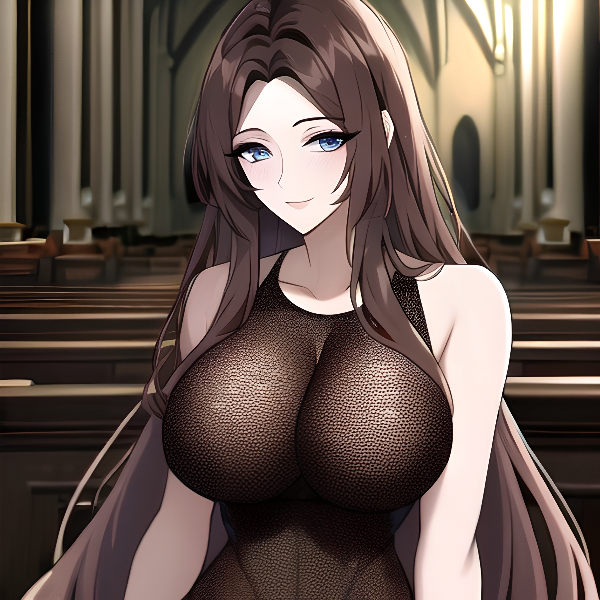 fishnet messy hair long hair church brunette woman 