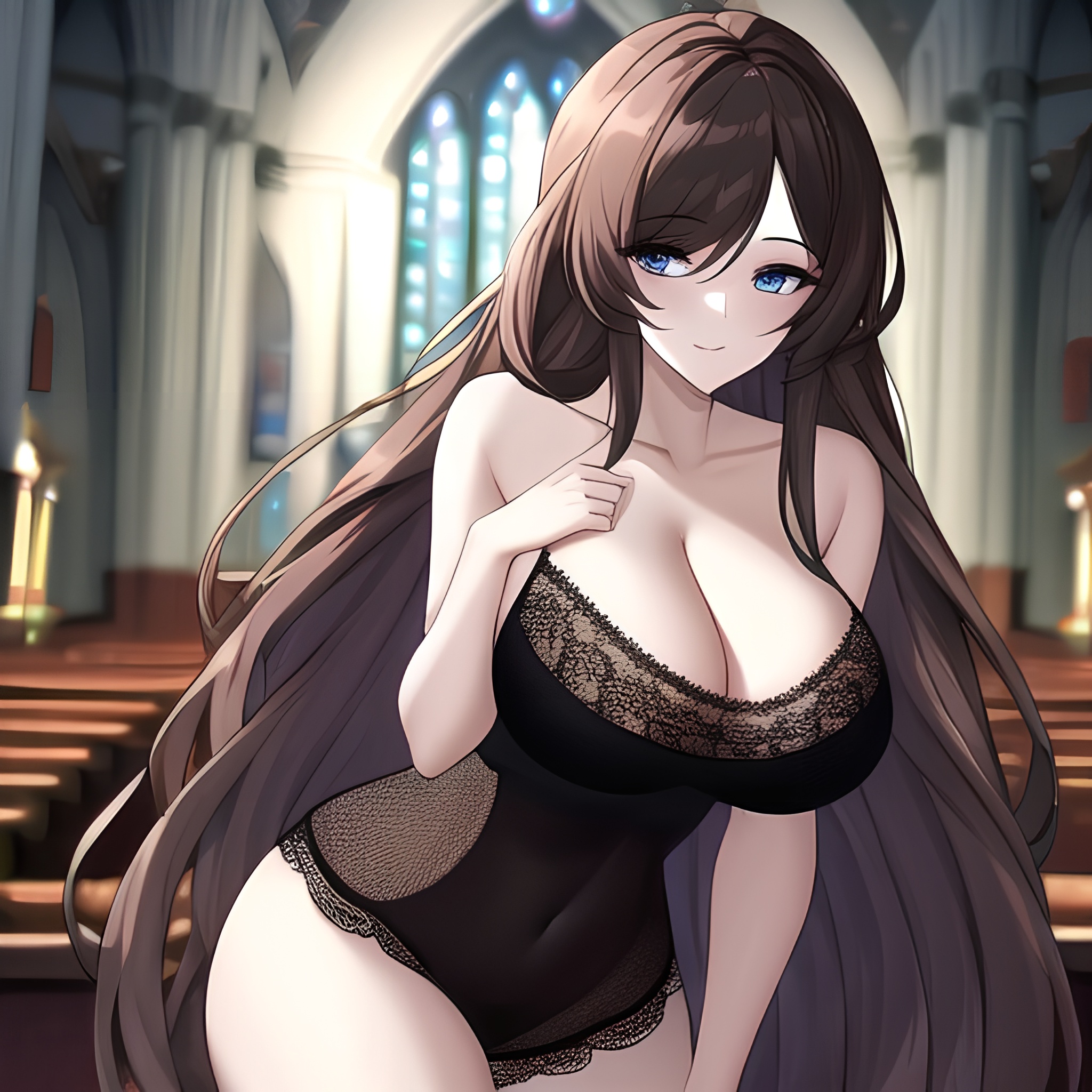 fishnet messy hair long hair church woman brunette 