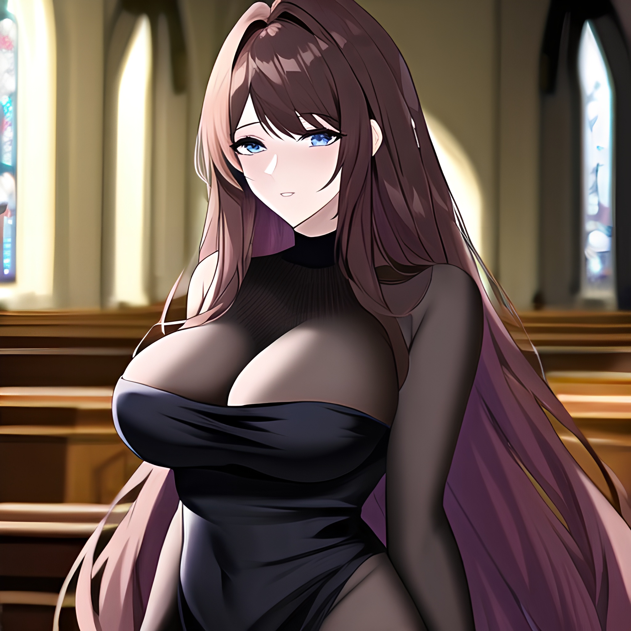 fishnet messy hair long hair woman brunette church 