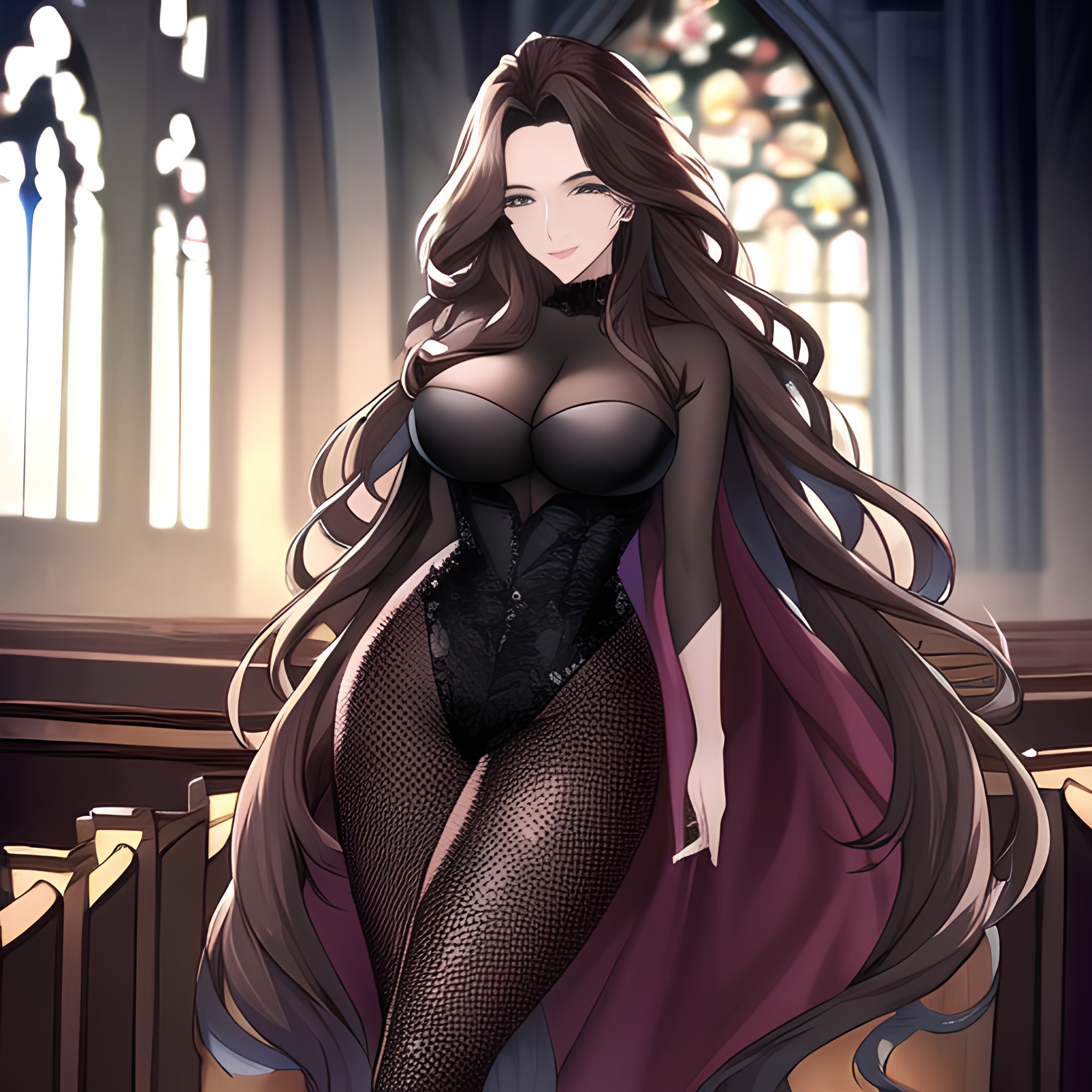 fishnet messy hair woman brunette church long hair 