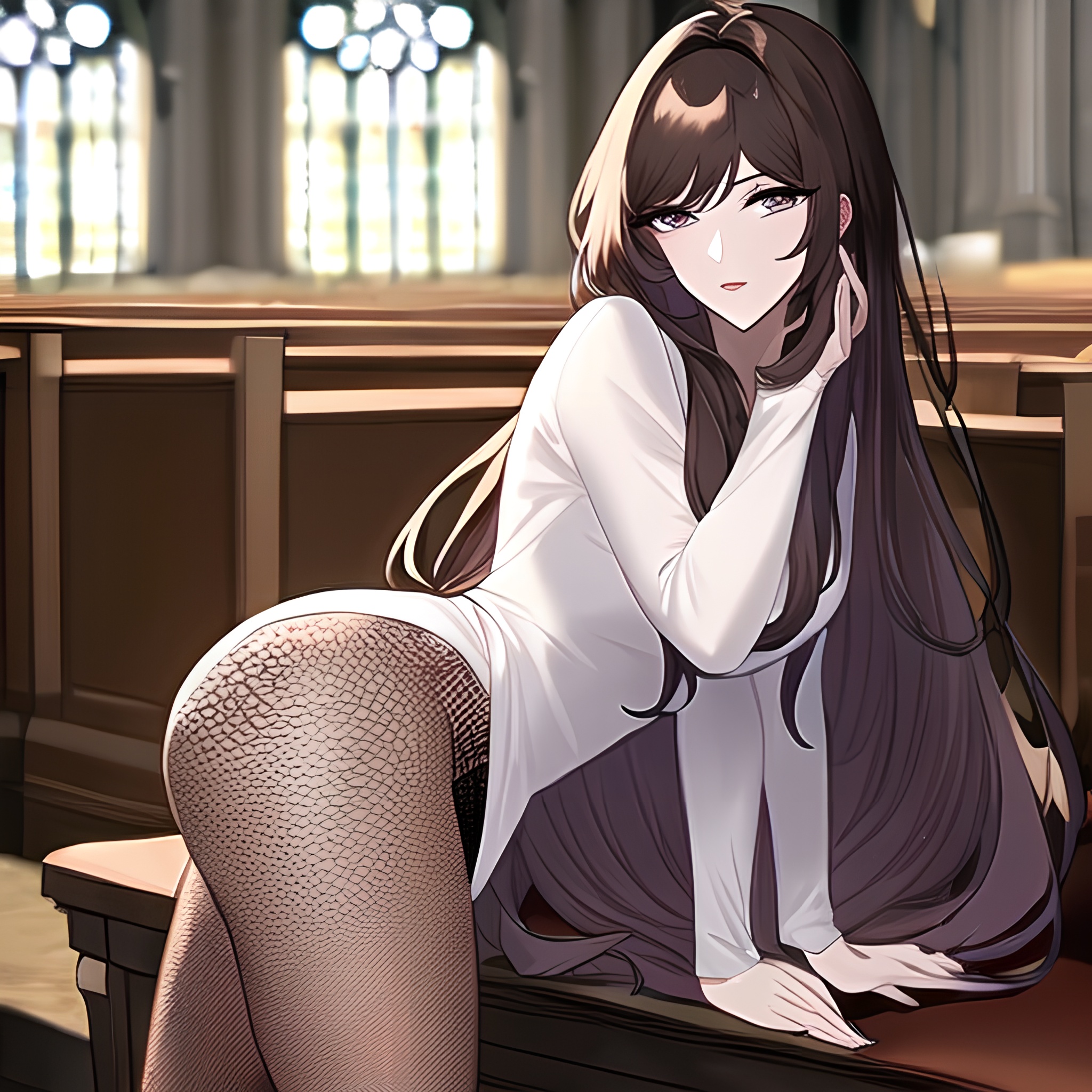 fishnet messy hair woman brunette church long hair 
