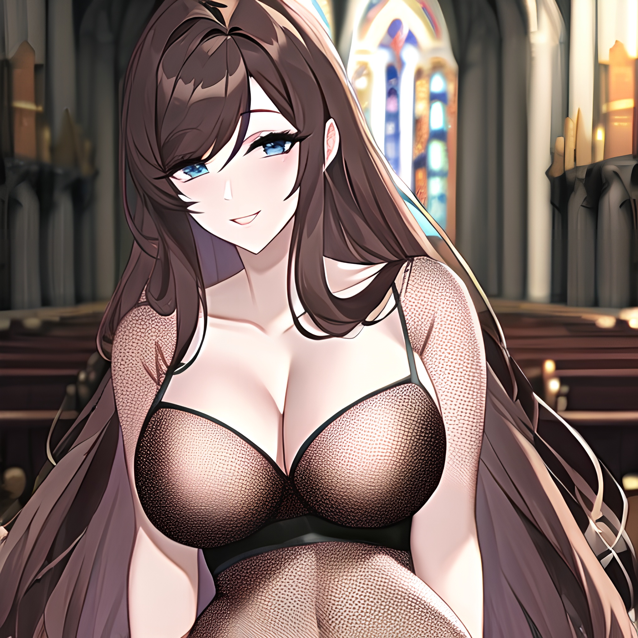 fishnet messy hair woman brunette long hair church 