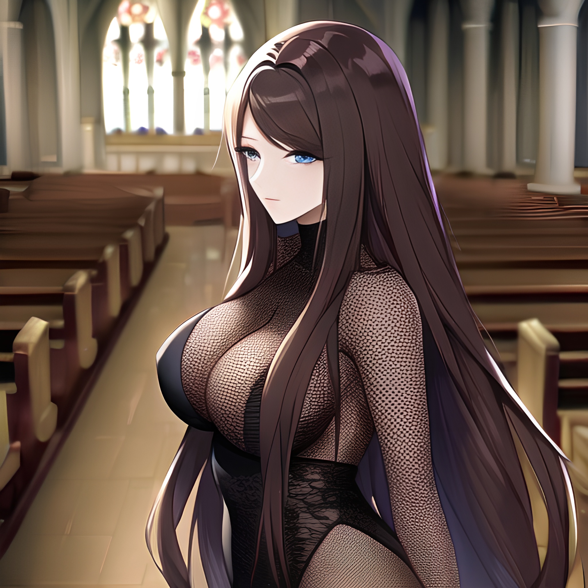 fishnet messy hair woman church brunette long hair 