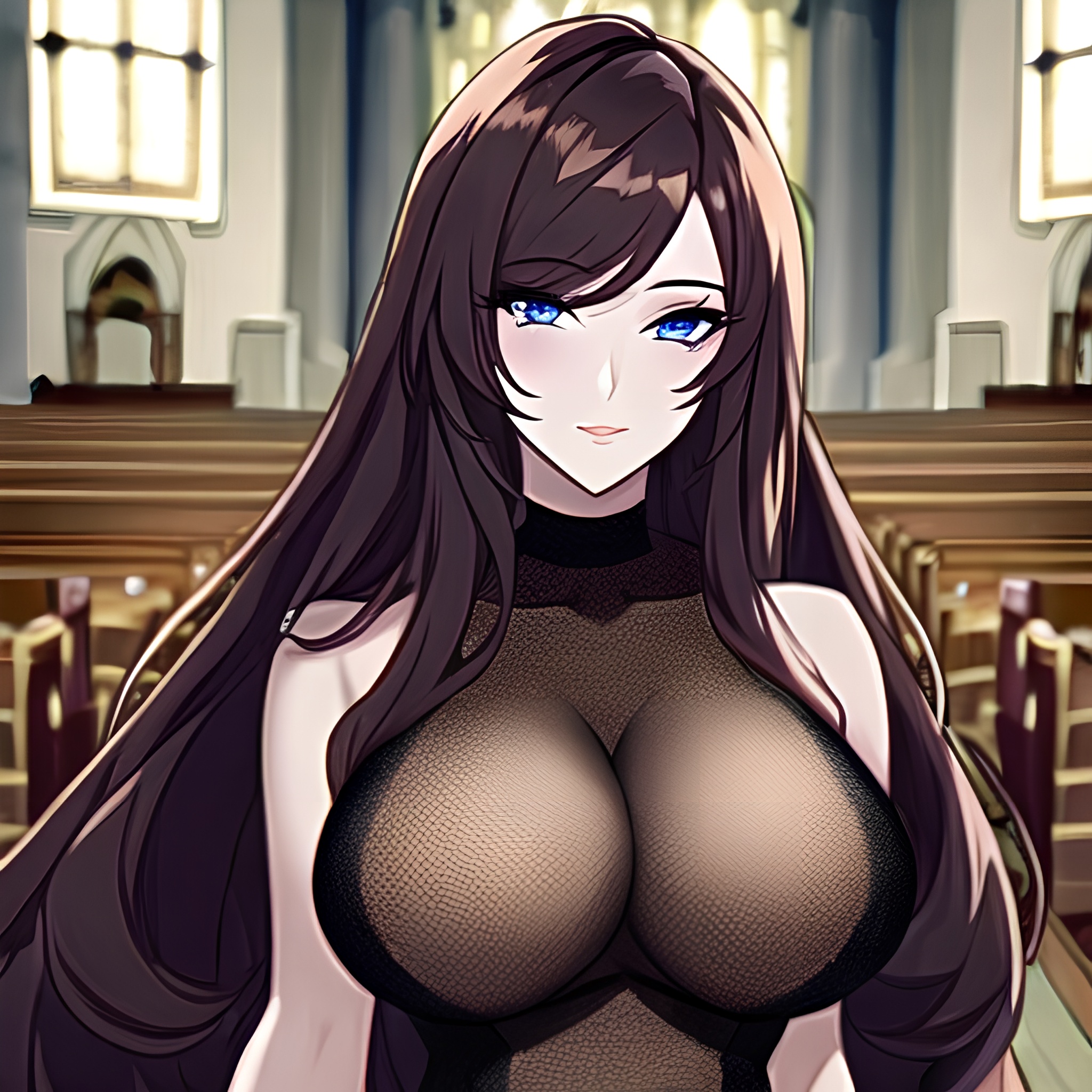 fishnet messy hair woman church brunette long hair