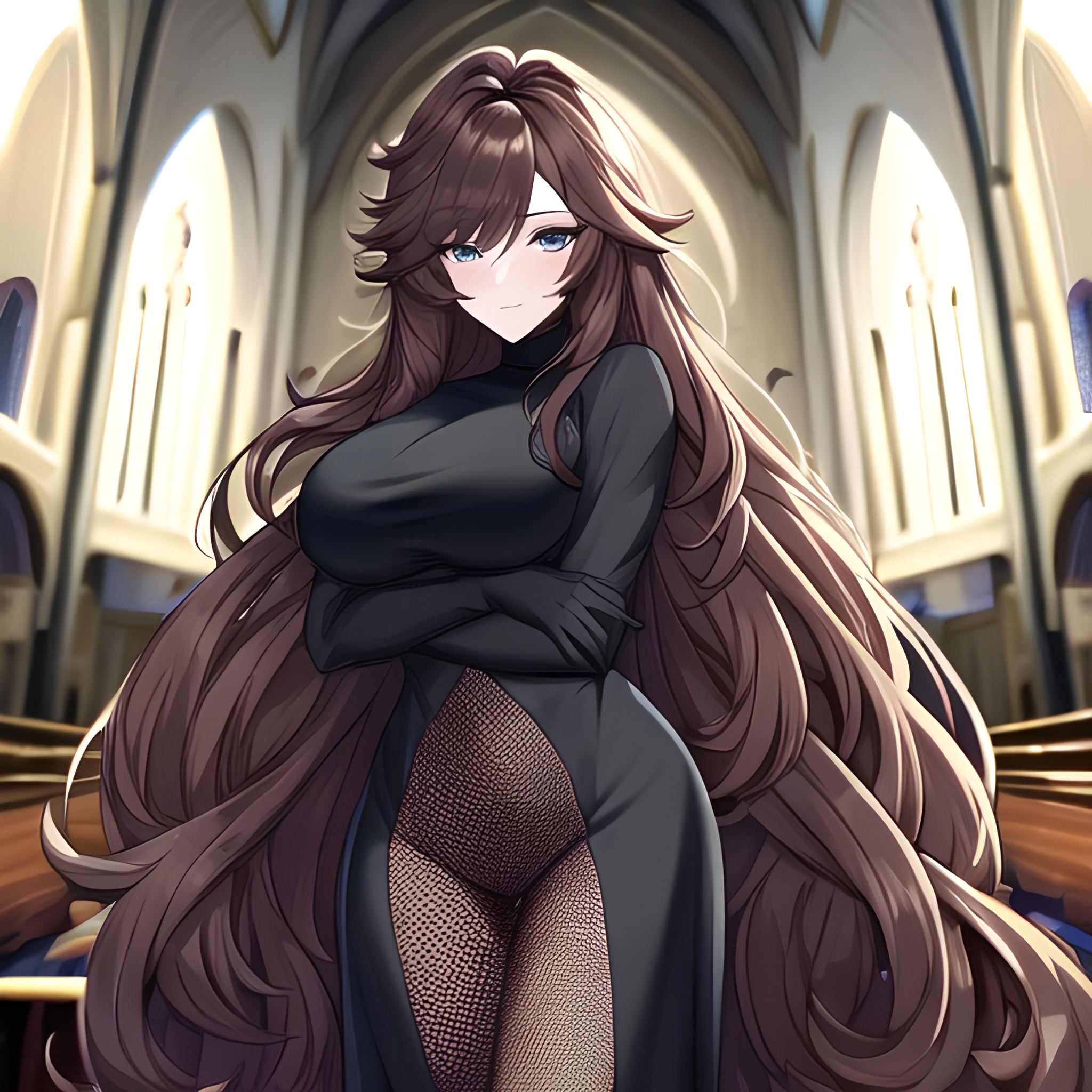 fishnet messy hair woman church long hair brunette 