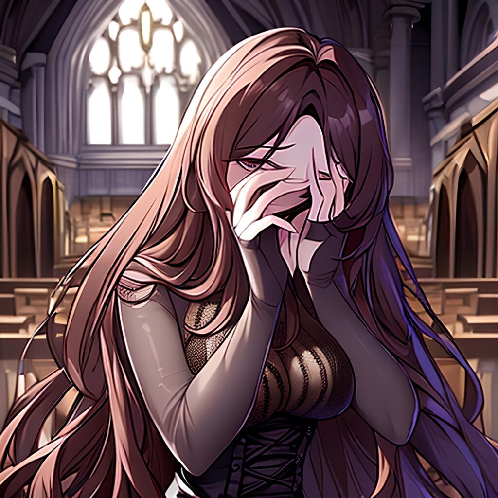 fishnet messy hair woman long hair church brunette 