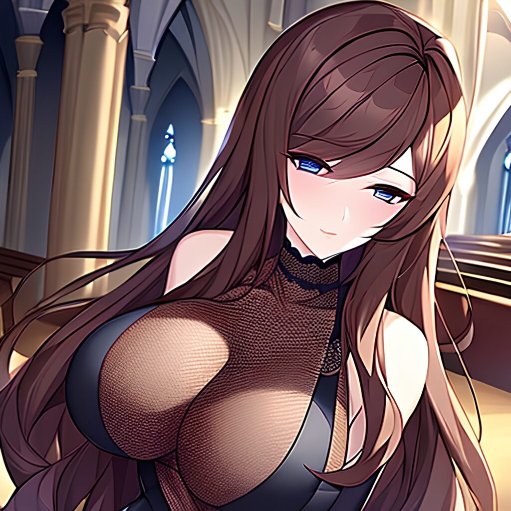 fishnet woman brunette church long hair messy hair