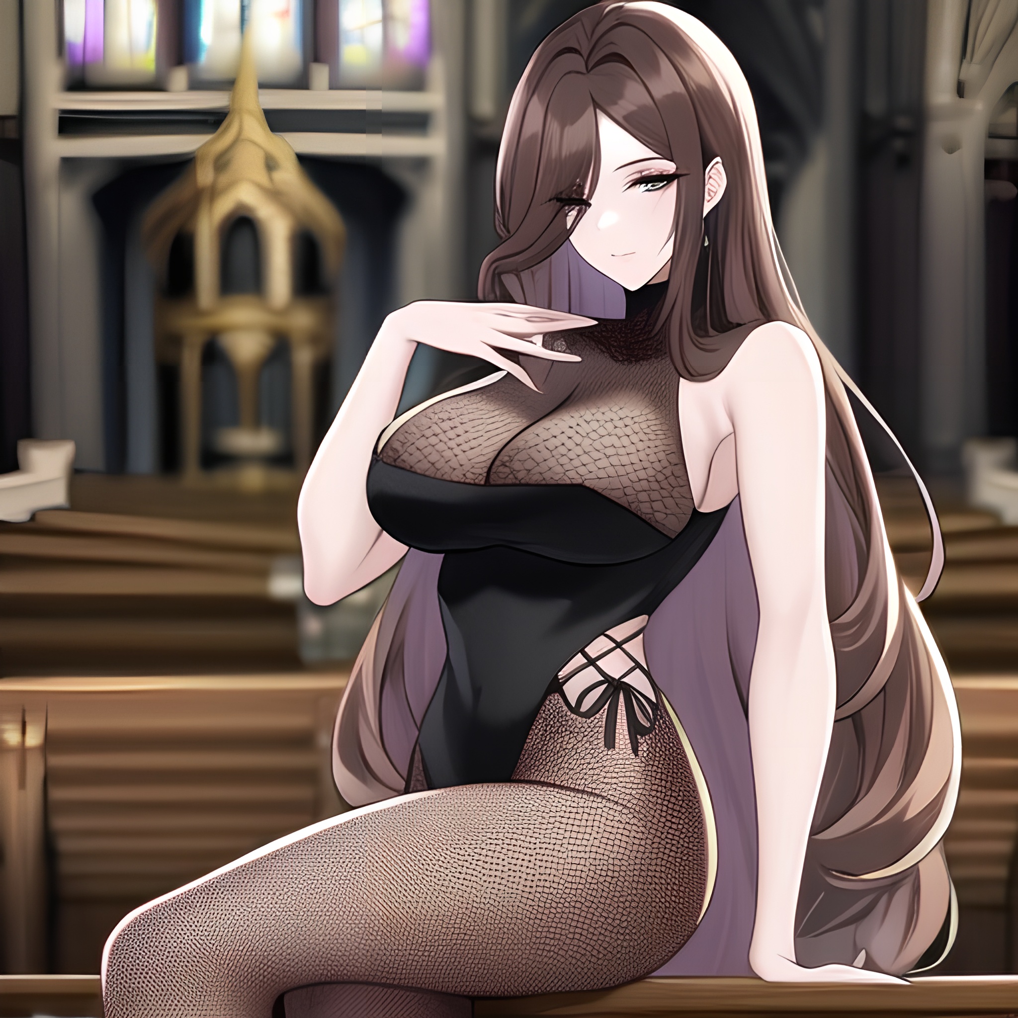 fishnet woman brunette church long hair messy hair