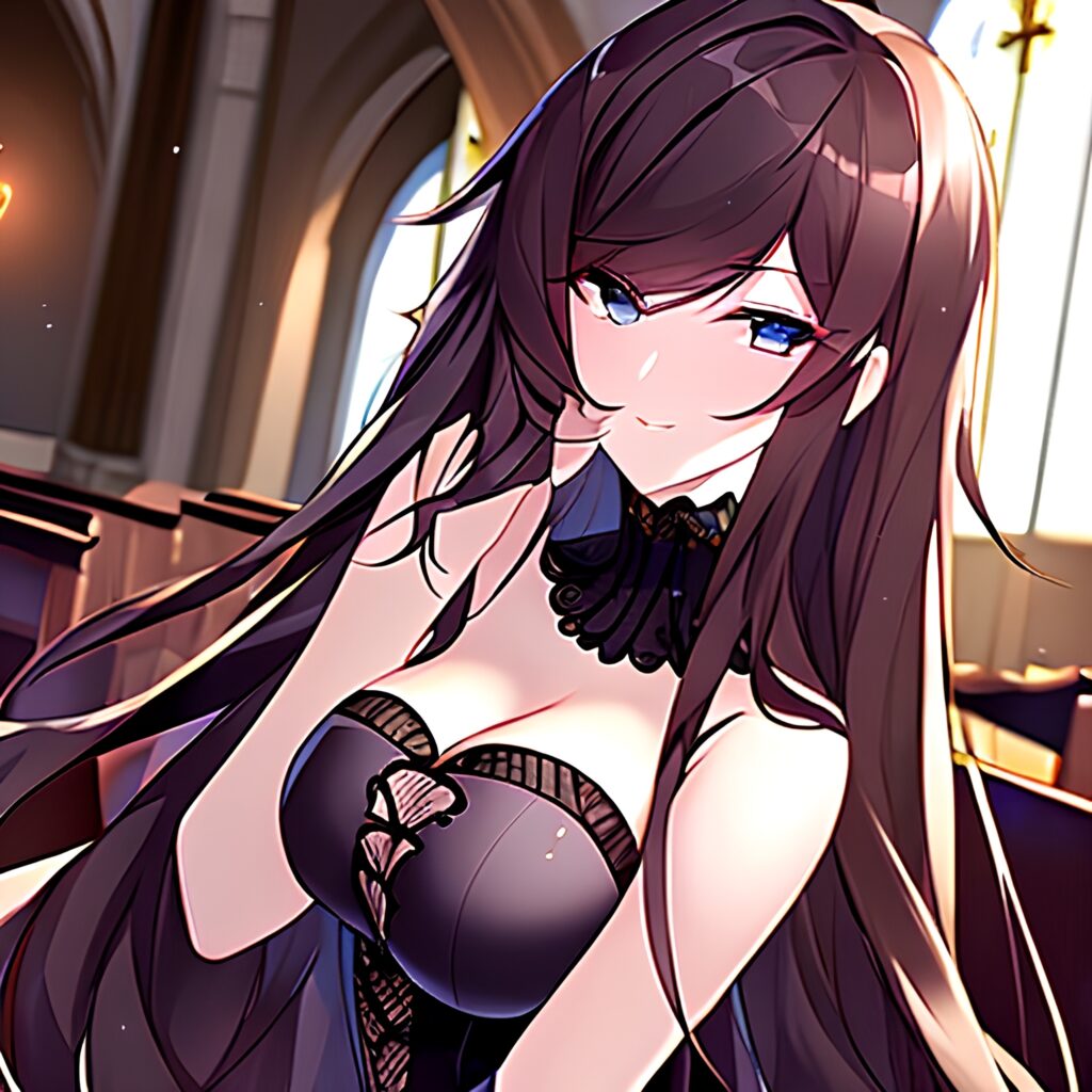 fishnet woman brunette church long hair messy hair 