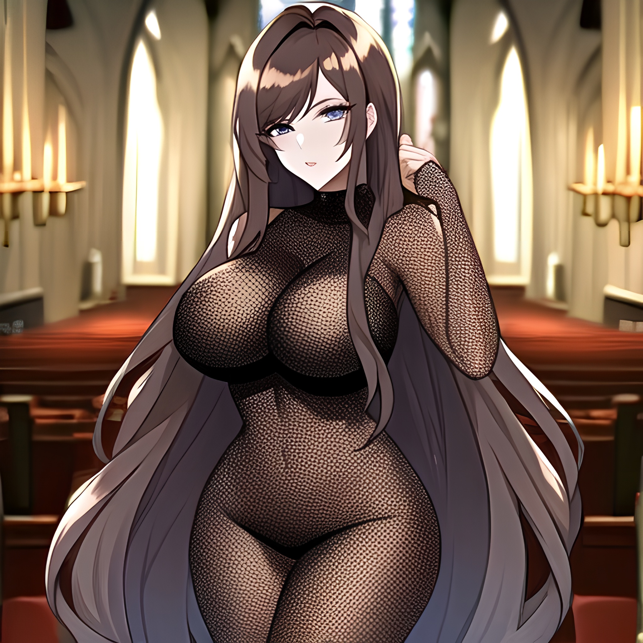 fishnet woman brunette church long hair messy hair 