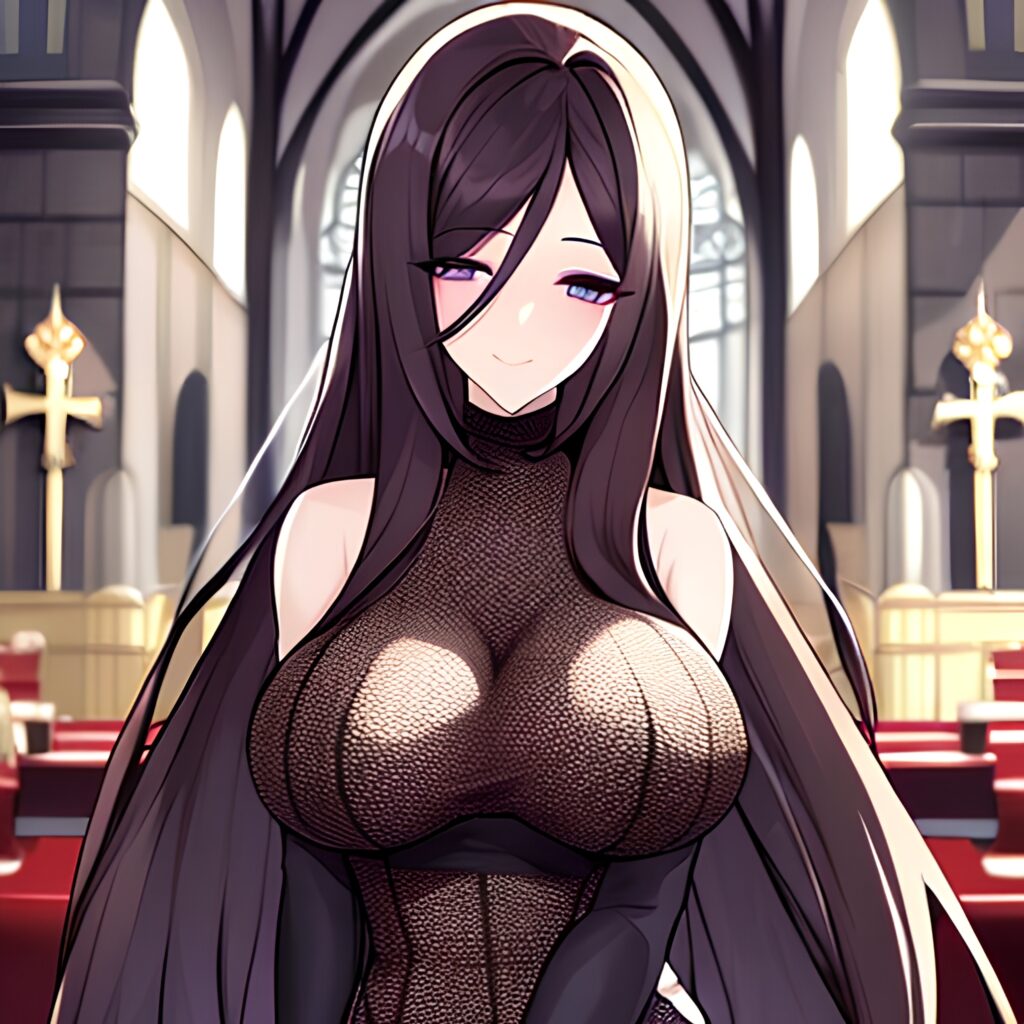 fishnet woman brunette church long hair messy hair 