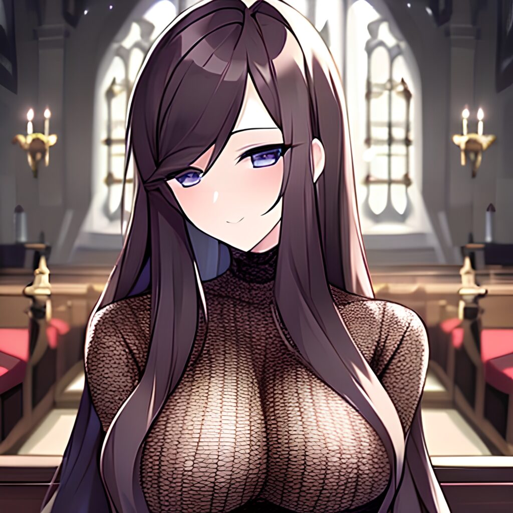 fishnet woman brunette church long hair messy hair