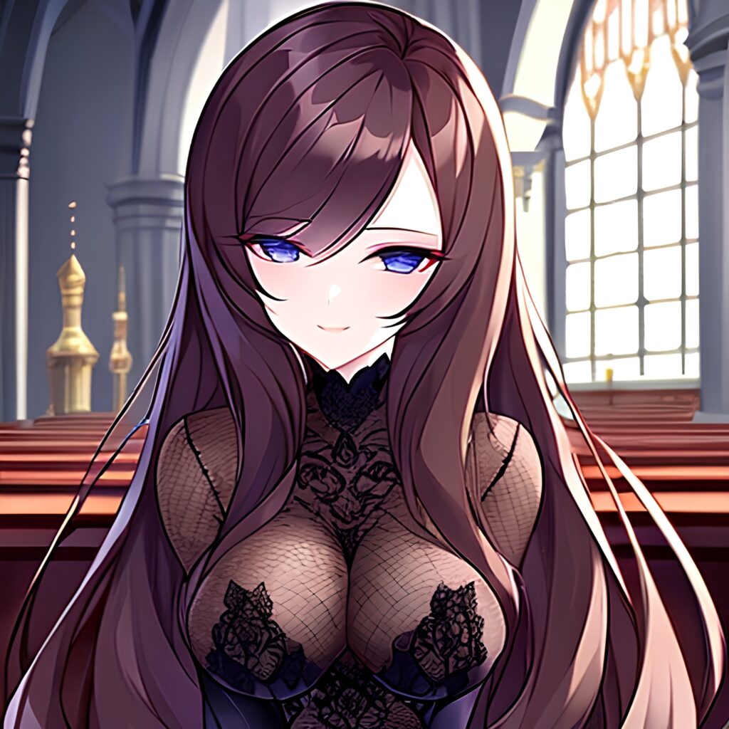fishnet woman brunette church long hair messy hair