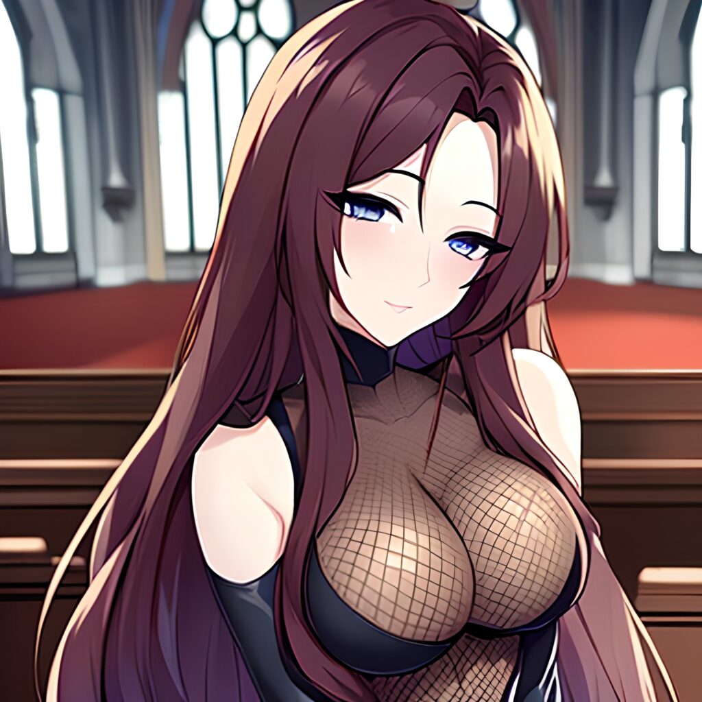 fishnet woman brunette church long hair messy hair 