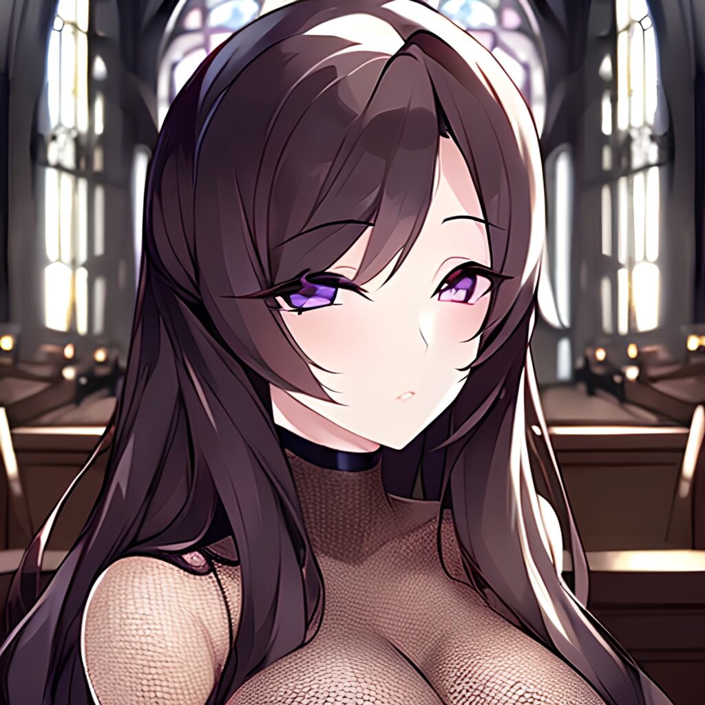 fishnet woman brunette church messy hair long hair 