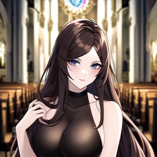 fishnet woman brunette church messy hair long hair