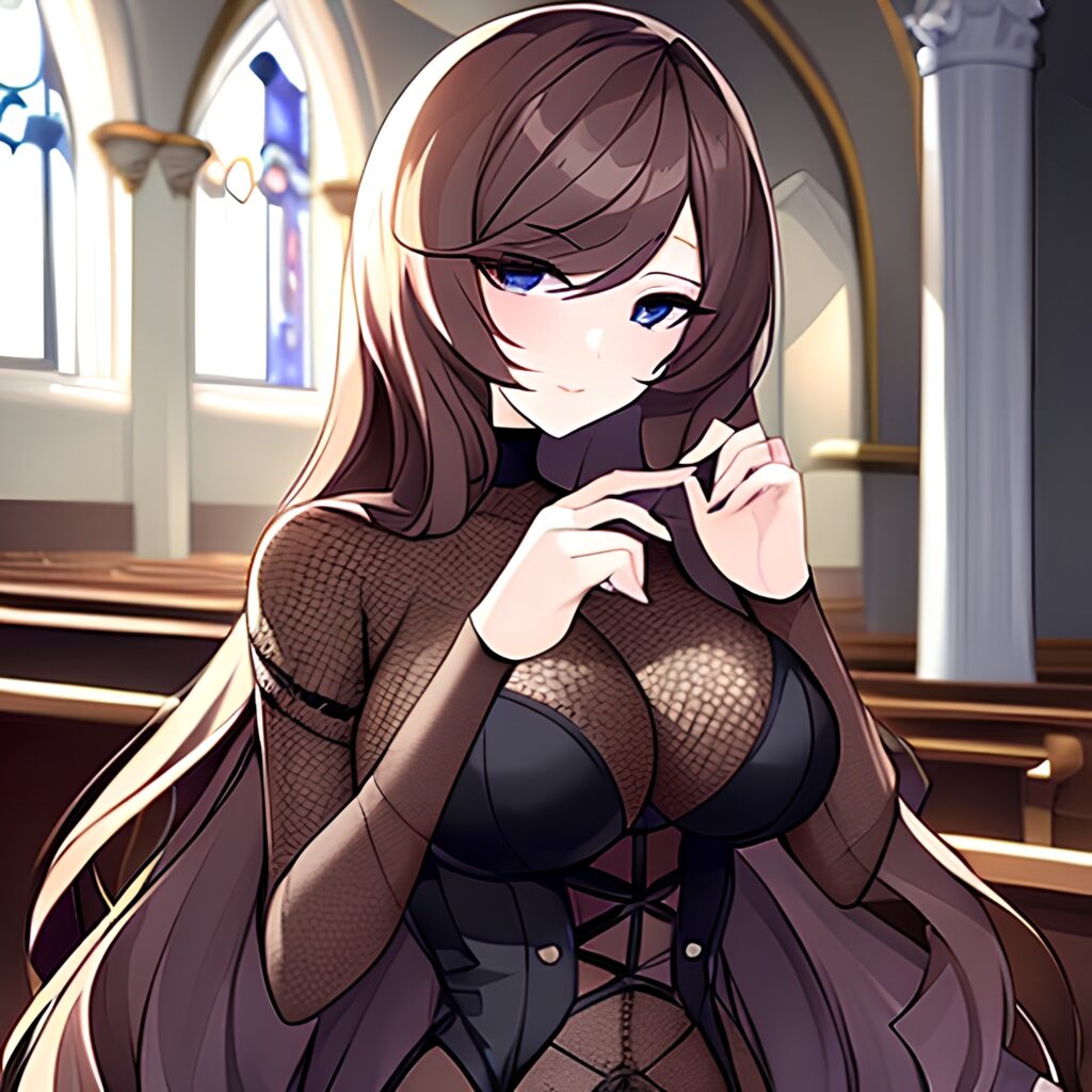 fishnet woman brunette church messy hair long hair