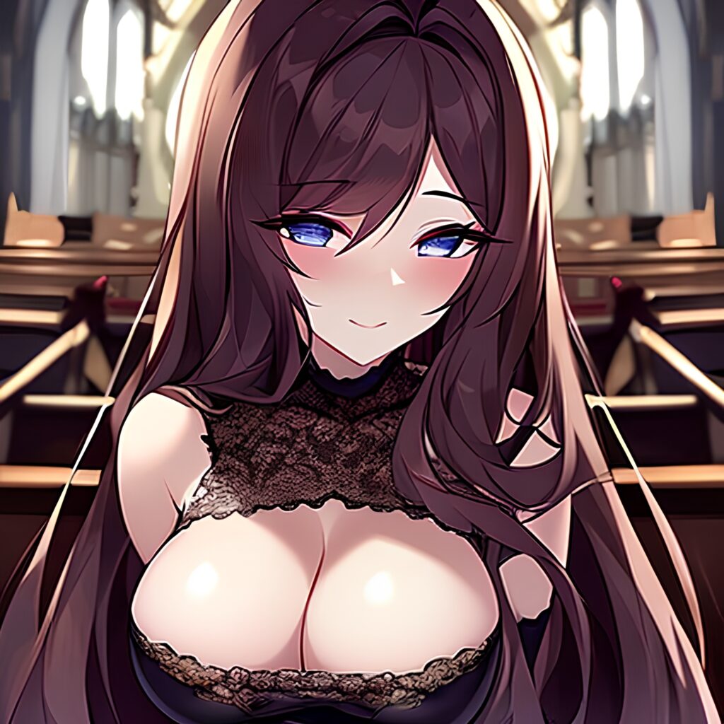 fishnet woman brunette long hair church messy hair 