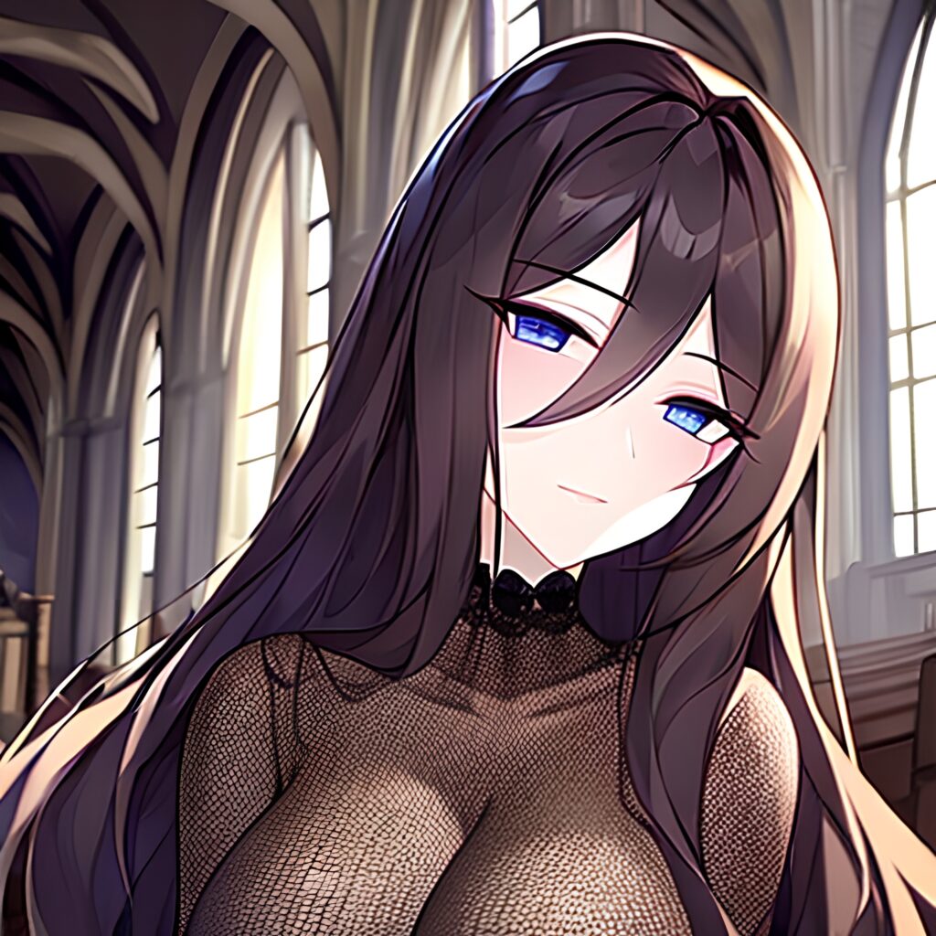 fishnet woman brunette long hair church messy hair