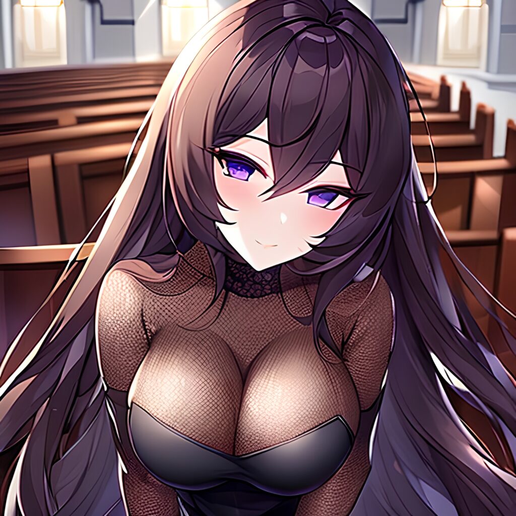 fishnet woman brunette long hair messy hair church 
