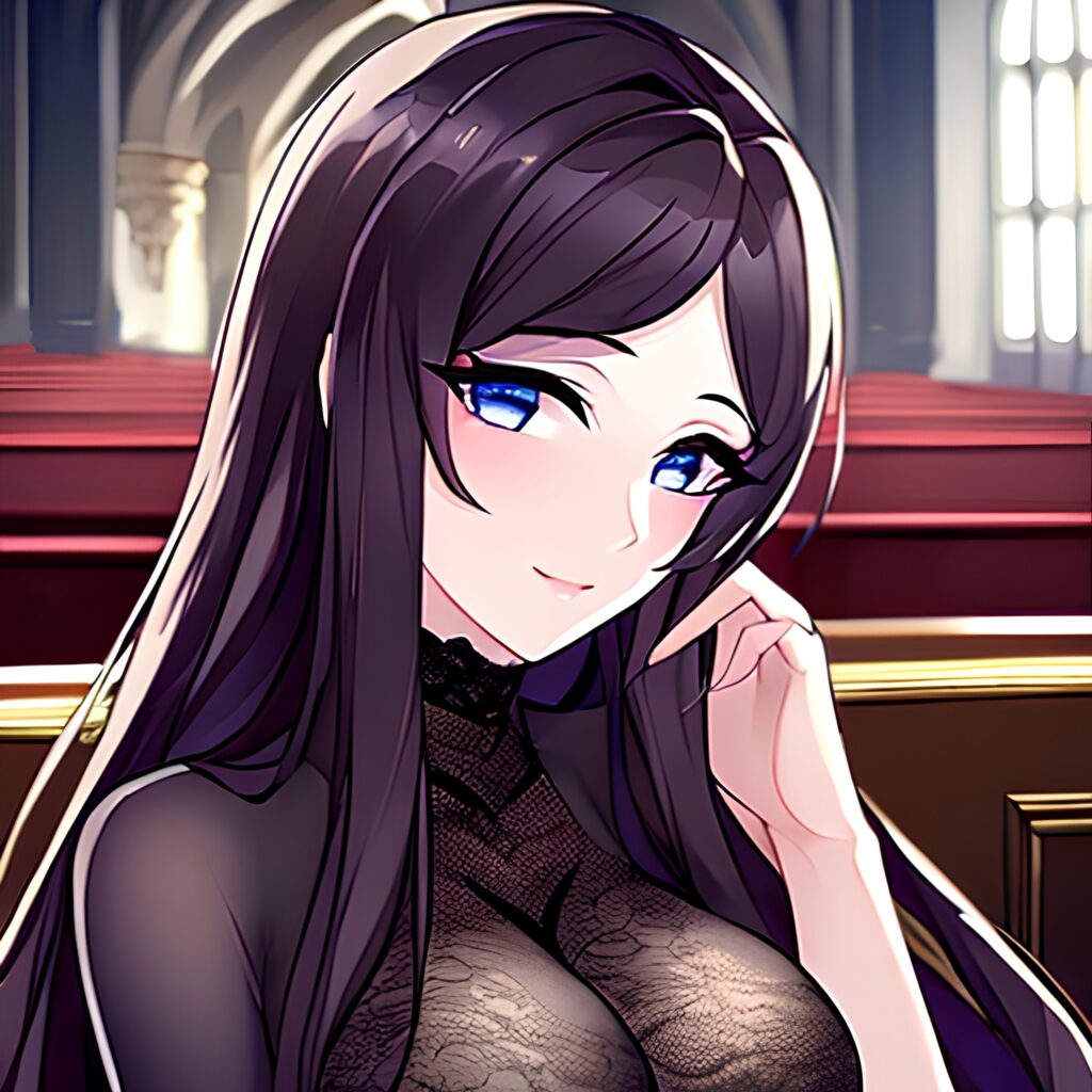 fishnet woman brunette long hair messy hair church