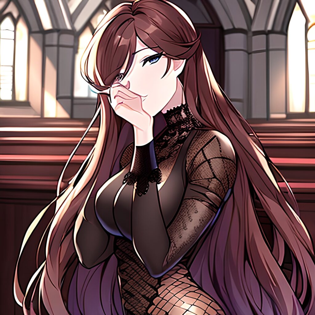 fishnet woman brunette long hair messy hair church