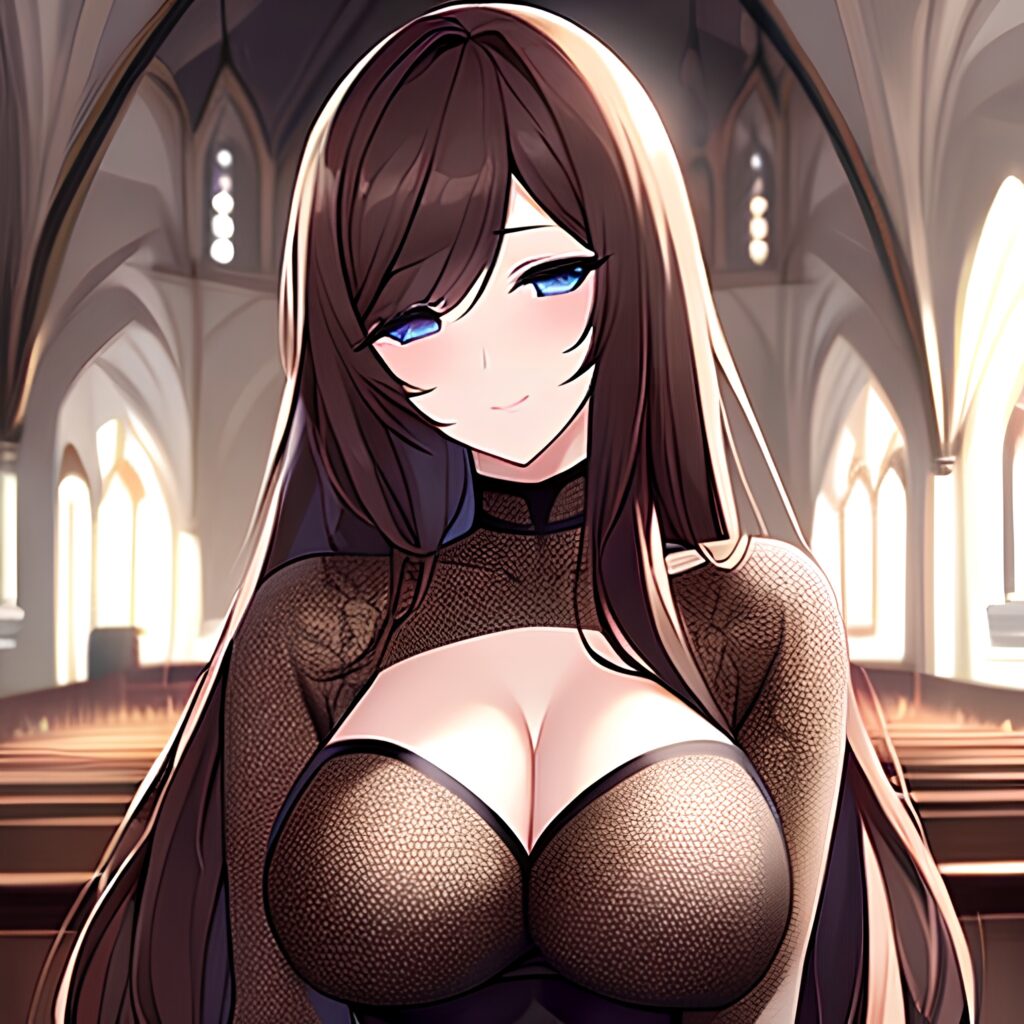 fishnet woman brunette long hair messy hair church 