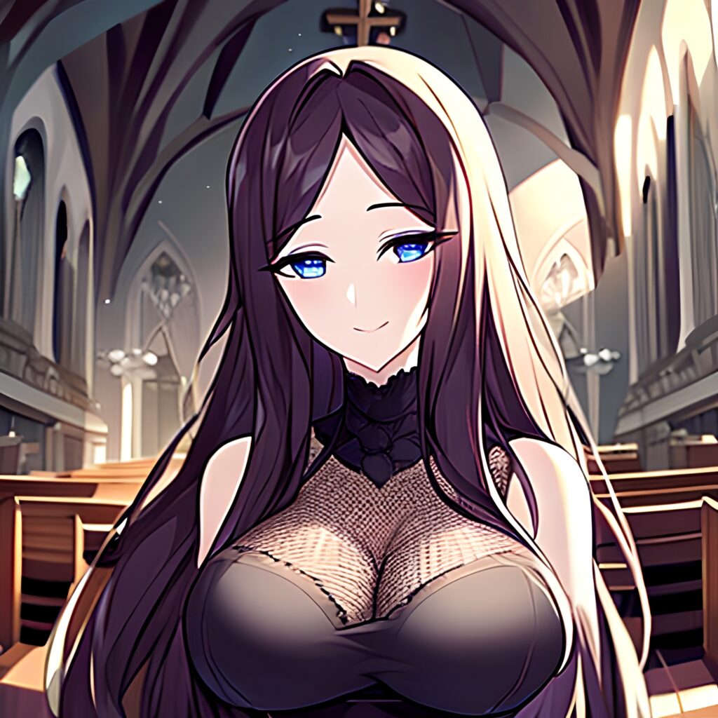 fishnet woman brunette long hair messy hair church