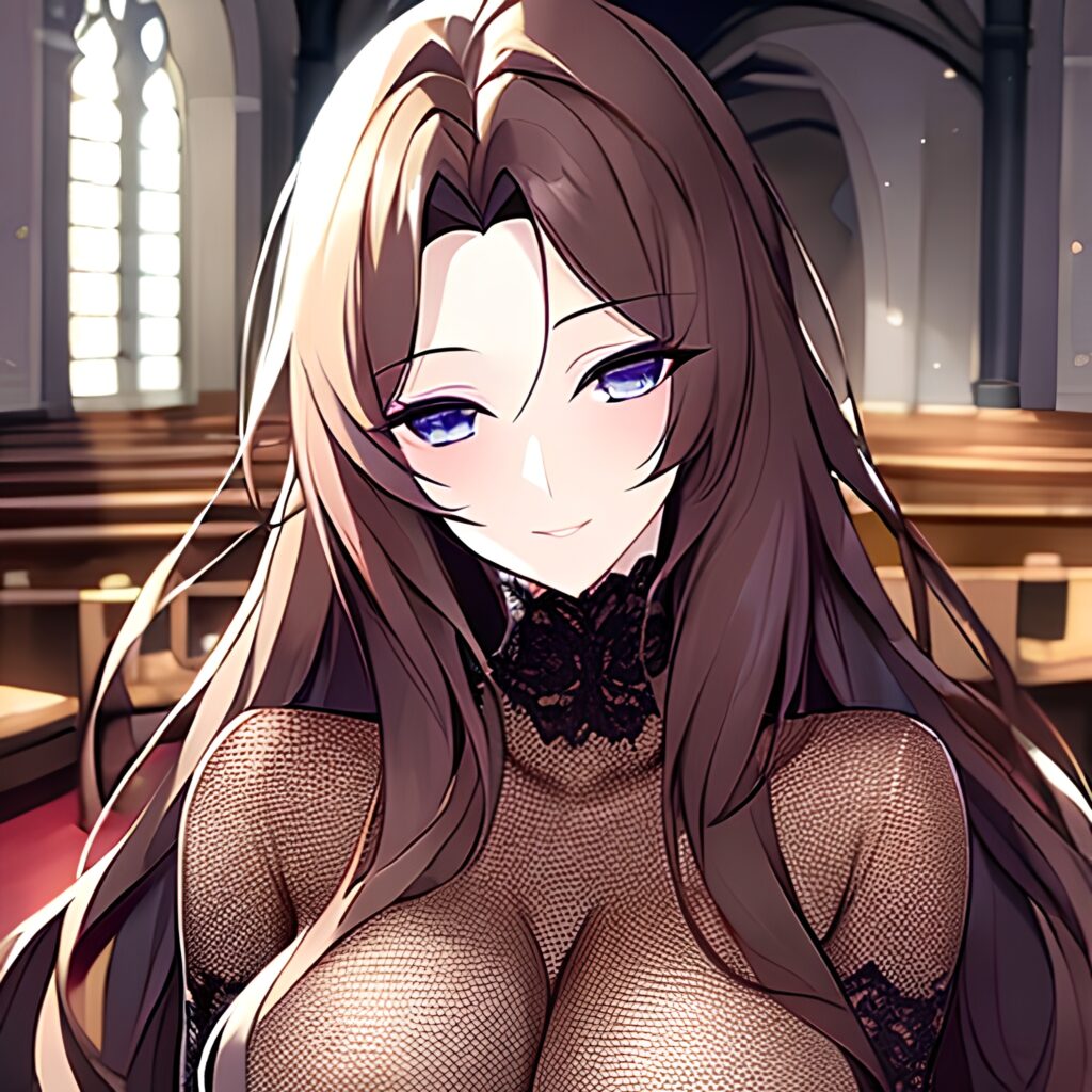 fishnet woman brunette long hair messy hair church 
