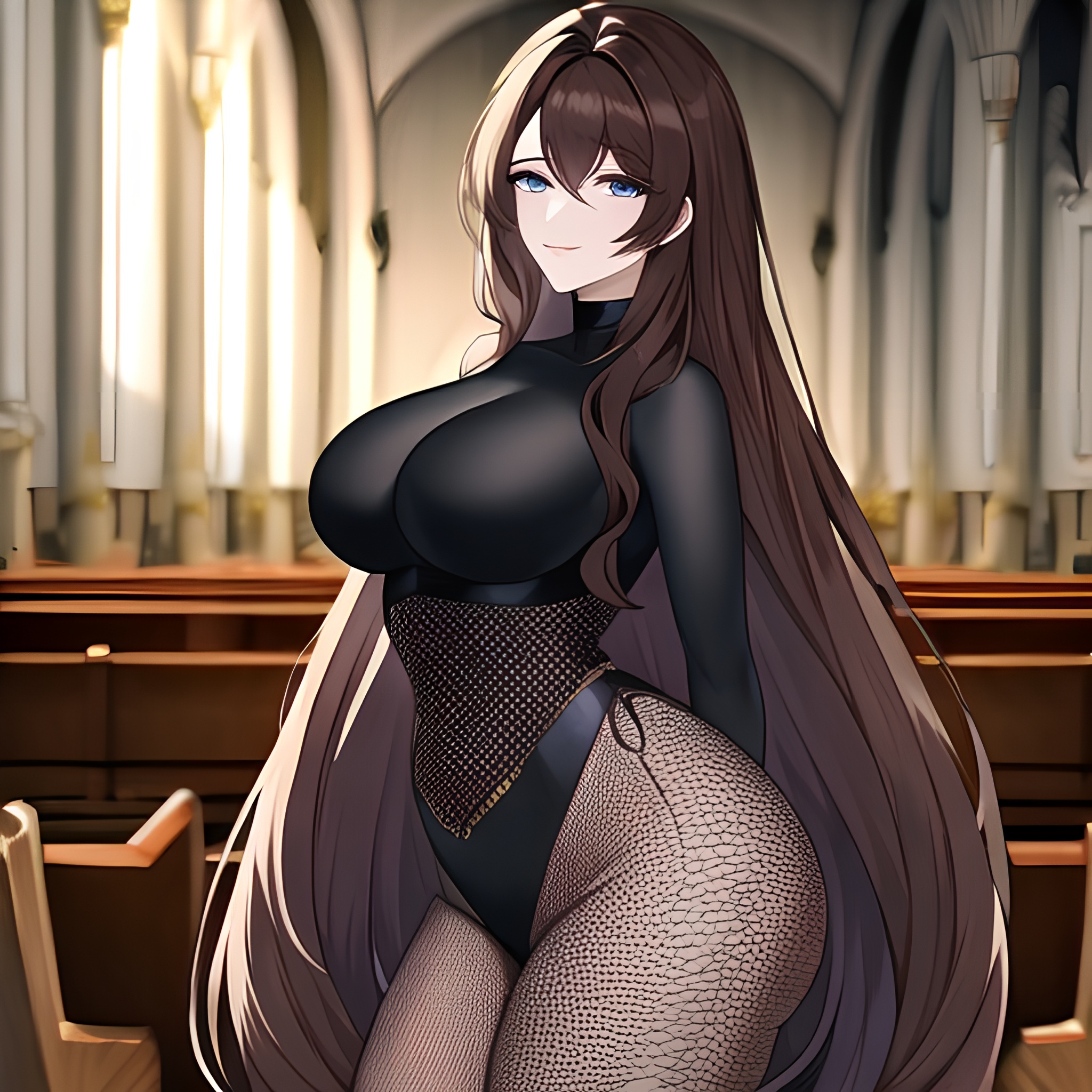 fishnet woman brunette long hair messy hair church 