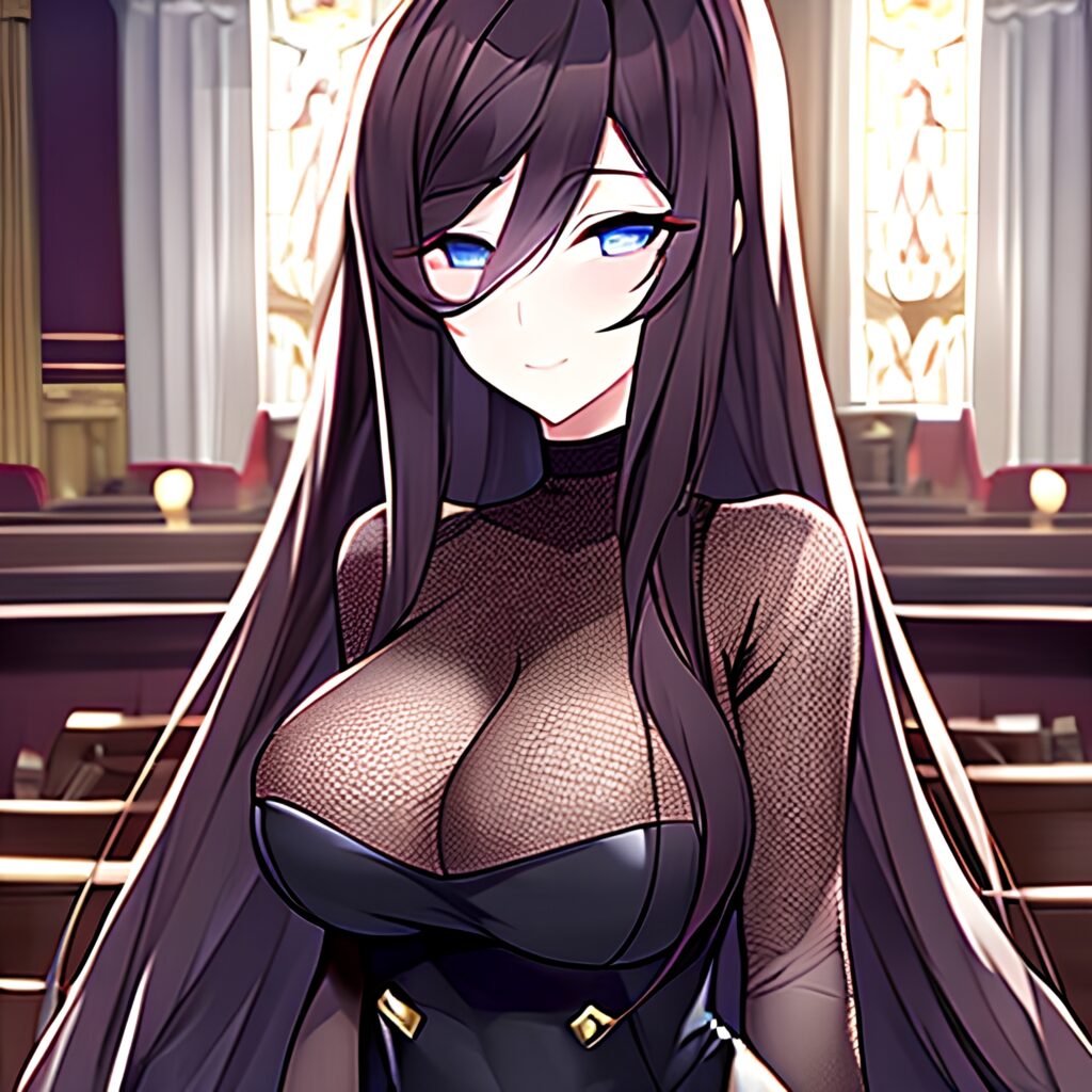 fishnet woman brunette messy hair church long hair