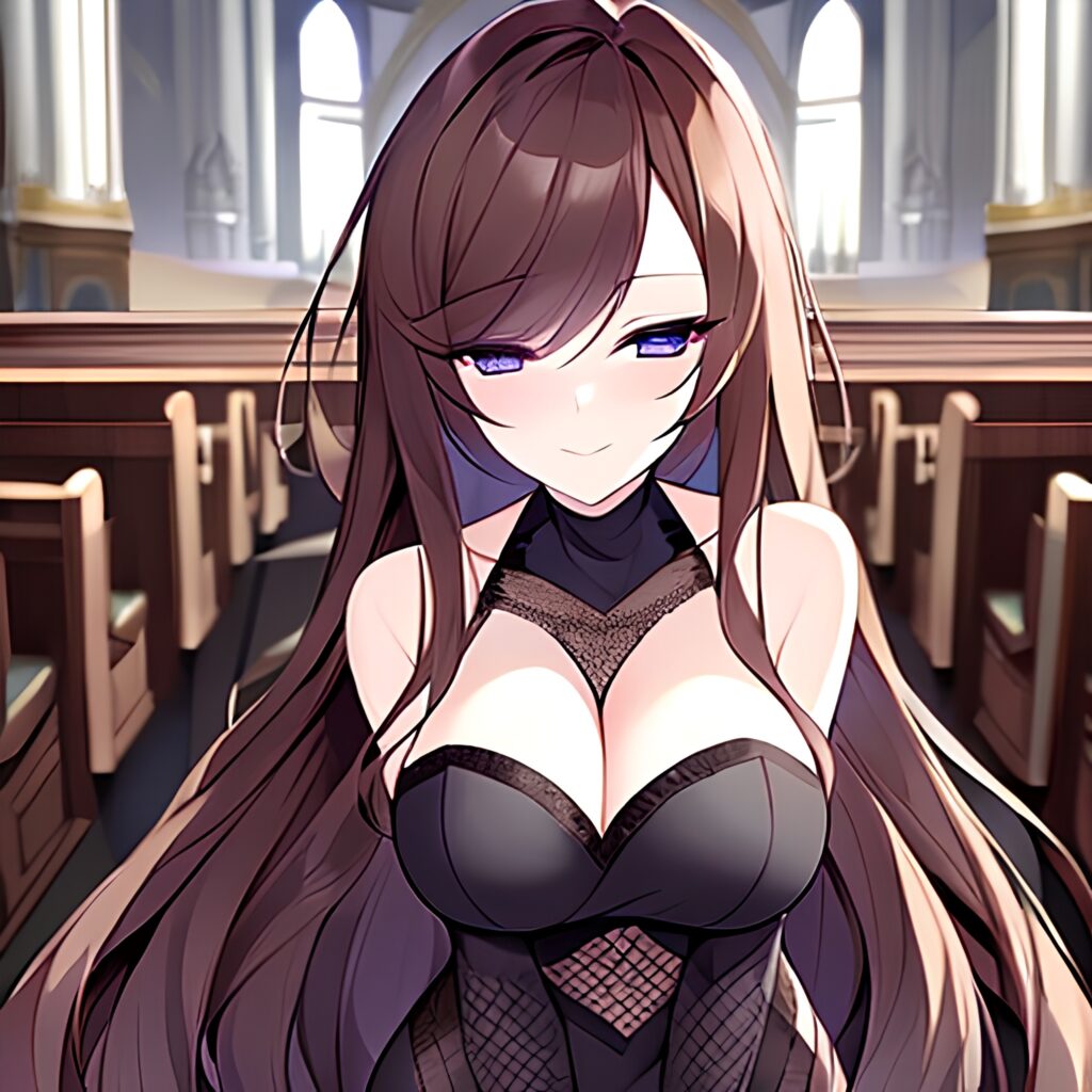 fishnet woman brunette messy hair church long hair 