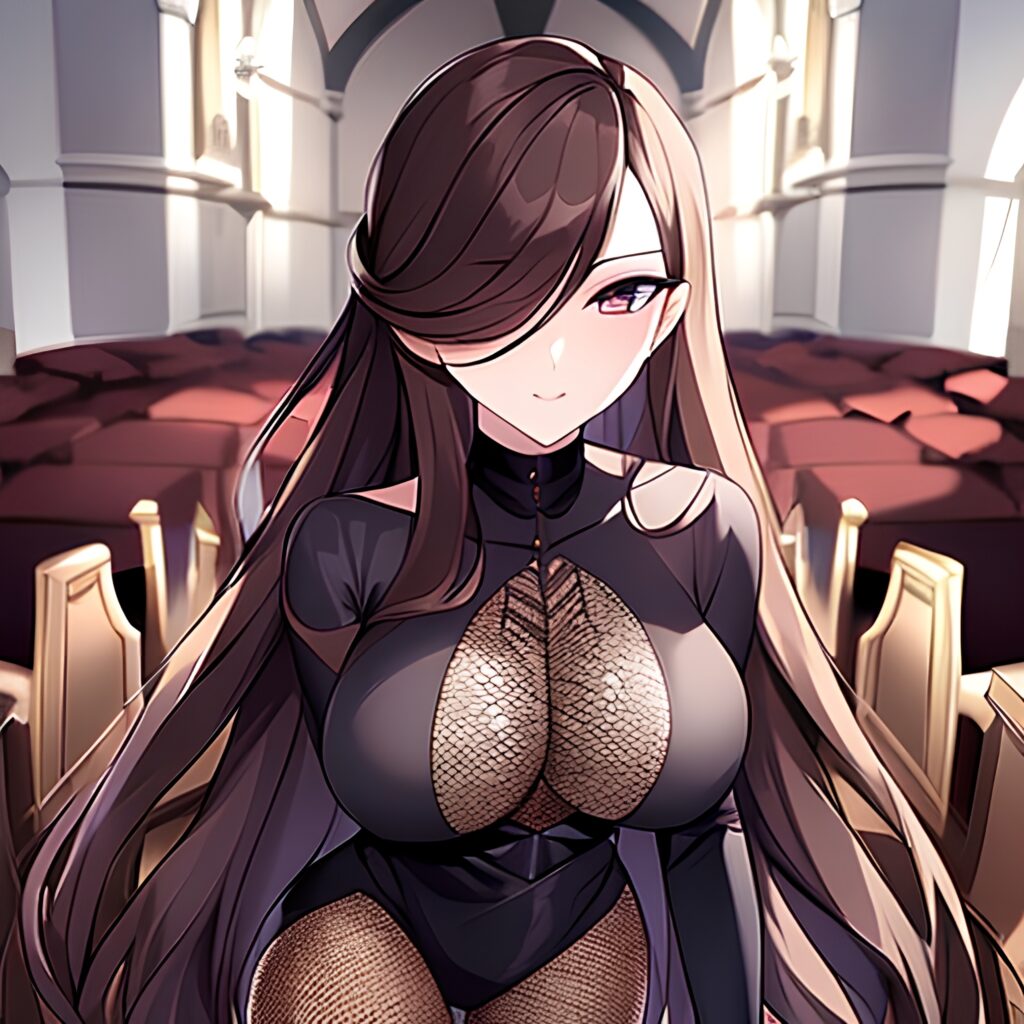 fishnet woman brunette messy hair church long hair 