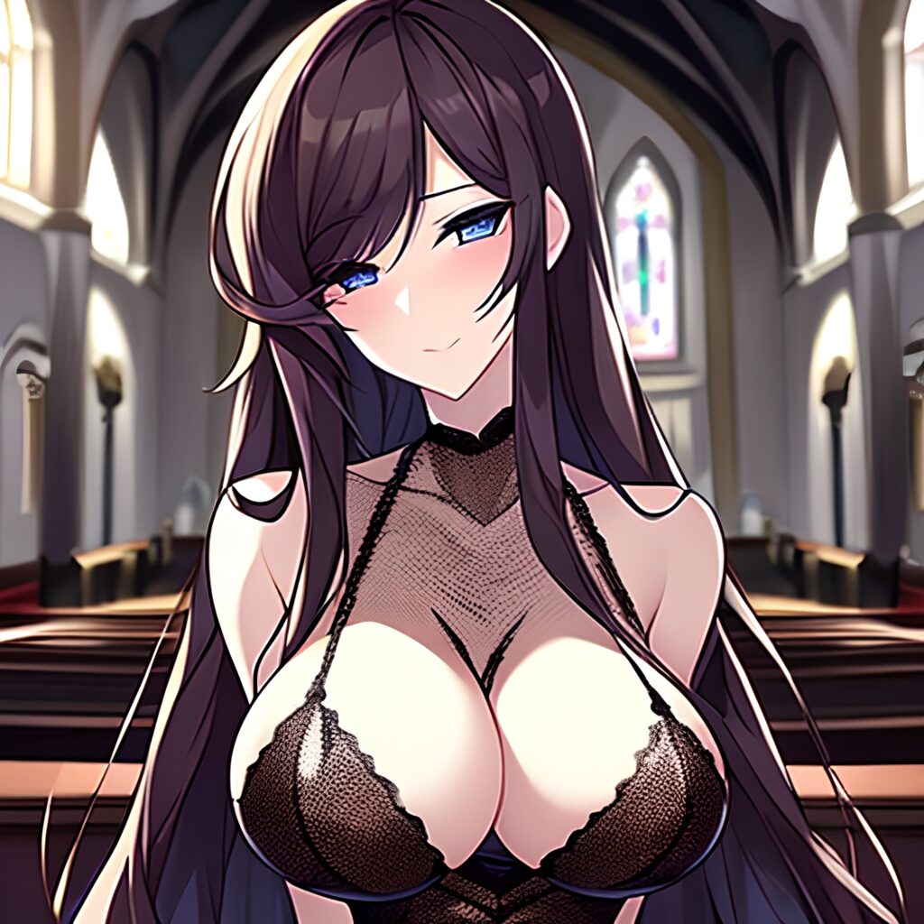 fishnet woman brunette messy hair church long hair 