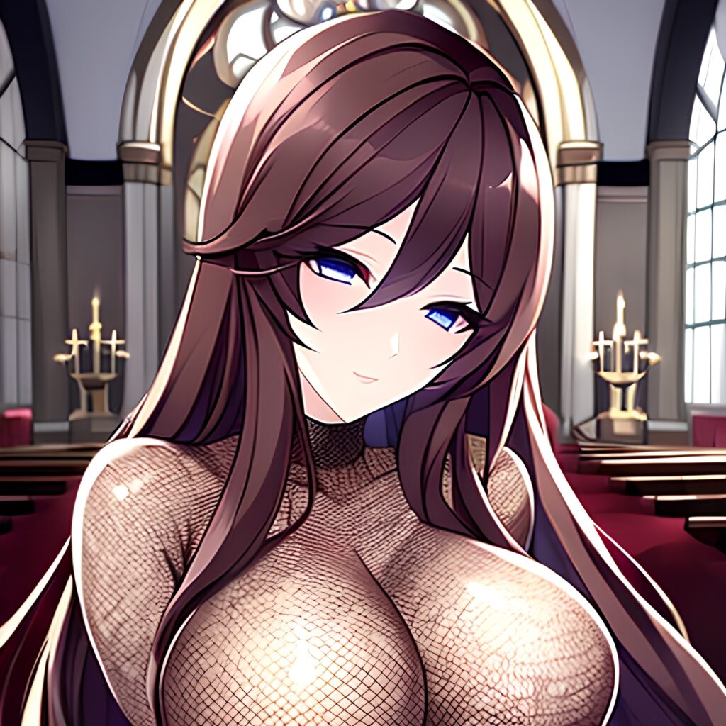 fishnet woman brunette messy hair church long hair 