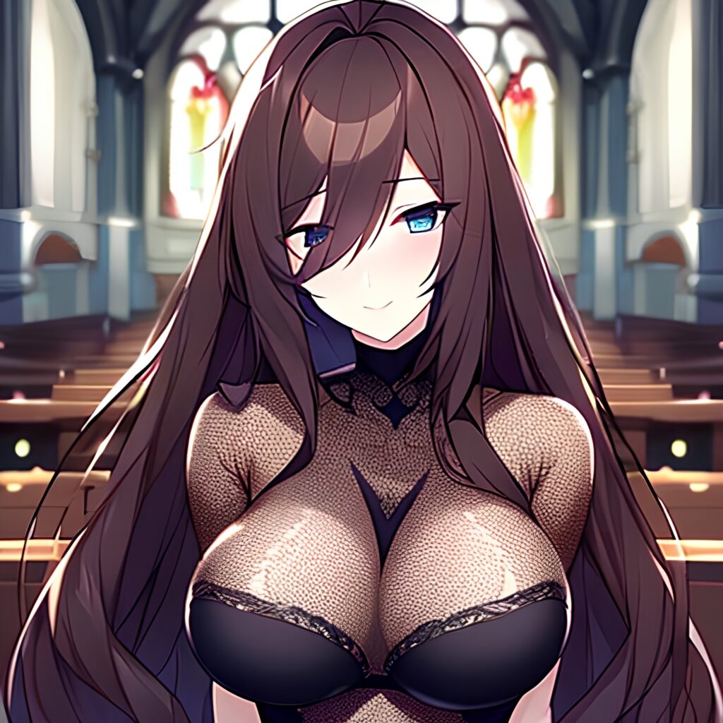 fishnet woman brunette messy hair long hair church 