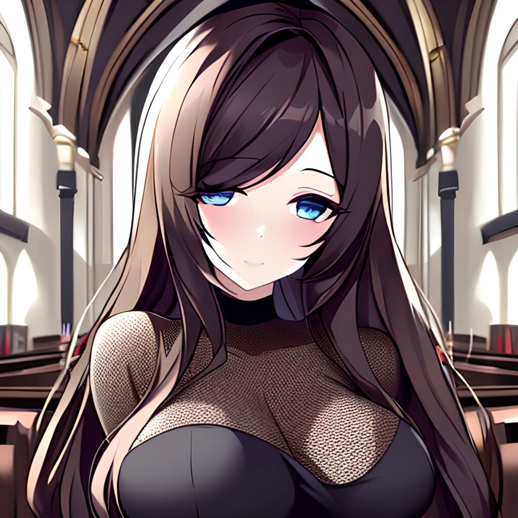 fishnet woman brunette messy hair long hair church