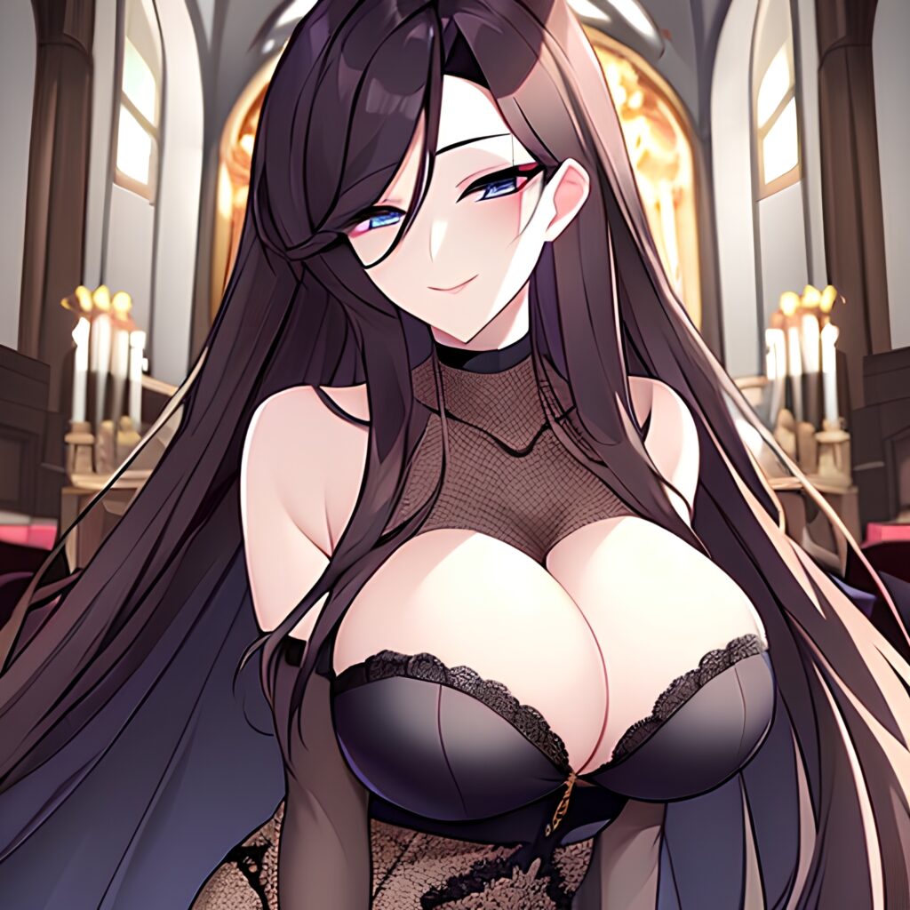 fishnet woman church brunette long hair messy hair 