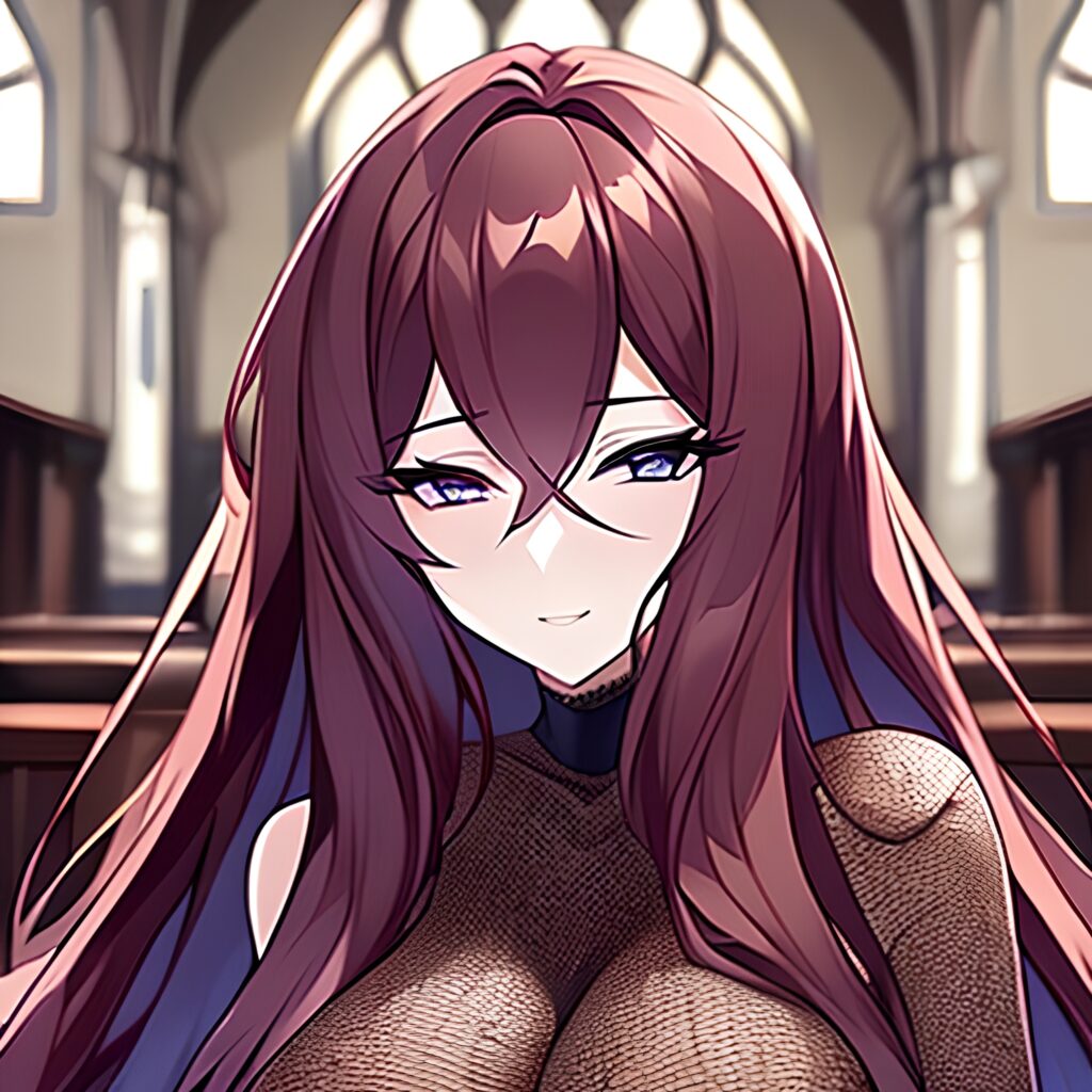 fishnet woman church brunette long hair messy hair