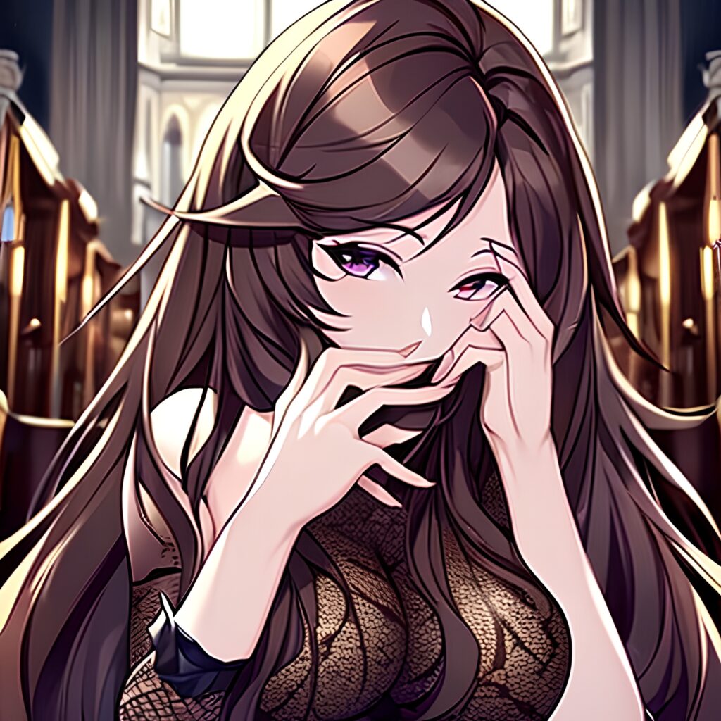 fishnet woman church brunette messy hair long hair 