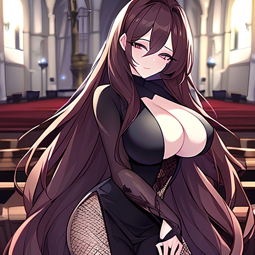 fishnet woman church brunette messy hair long hair 