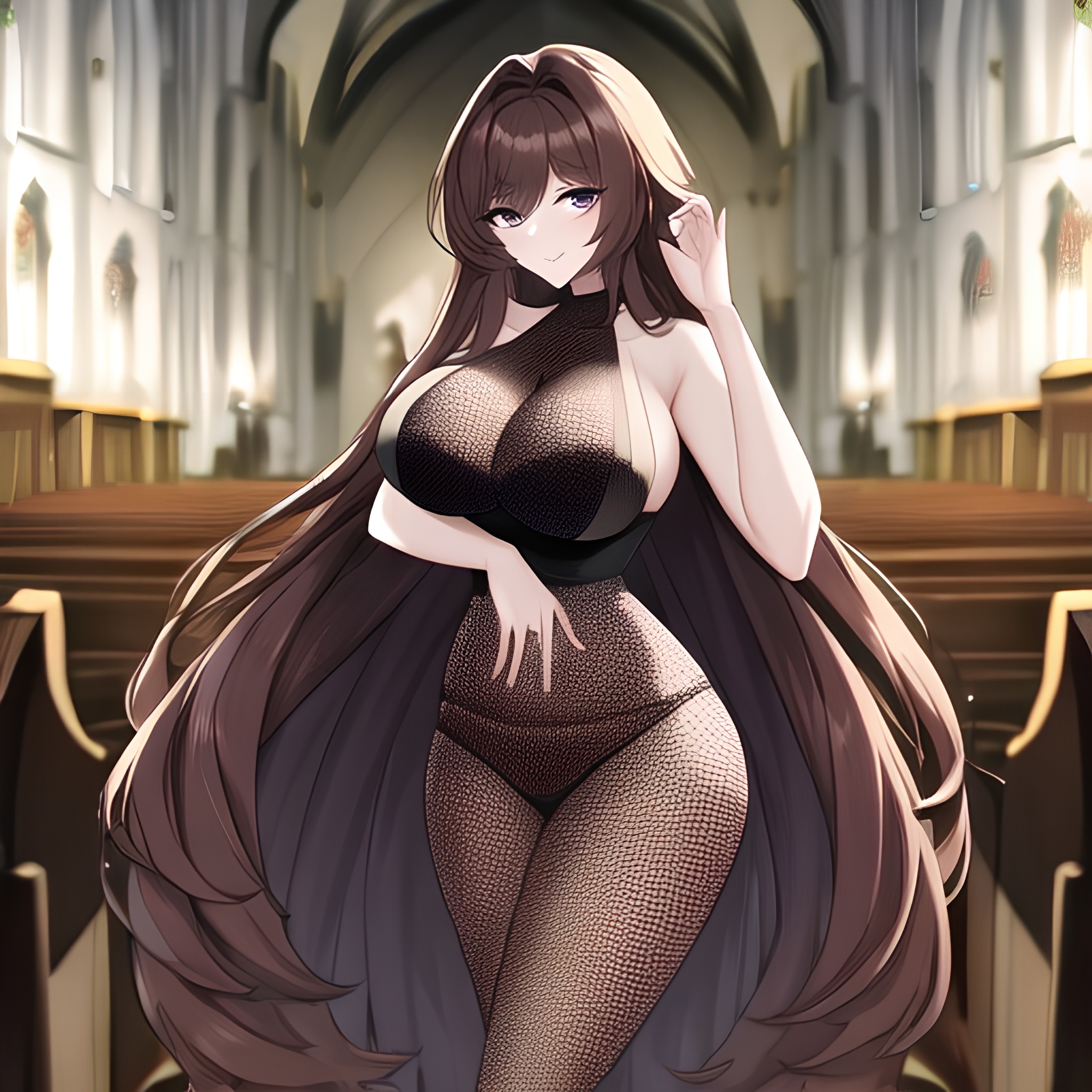 fishnet woman church long hair brunette messy hair 