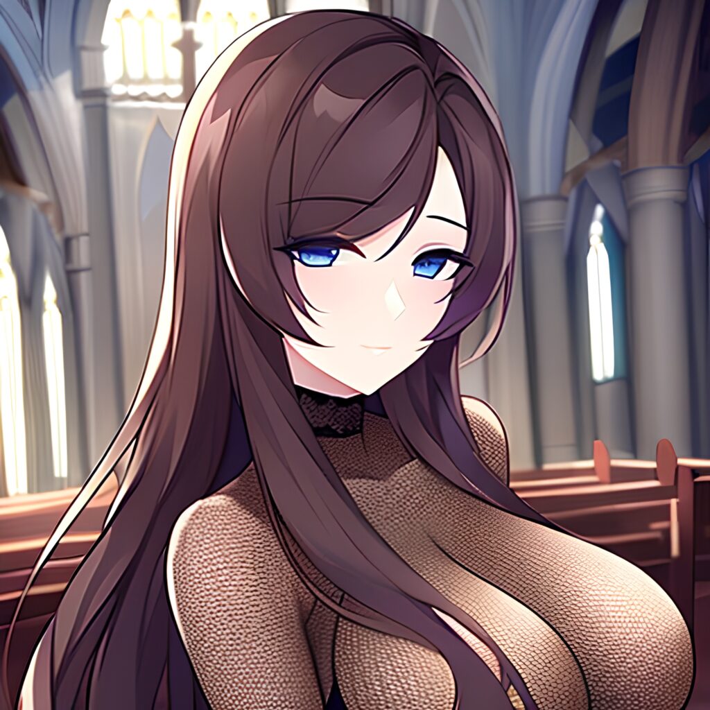 fishnet woman church long hair brunette messy hair