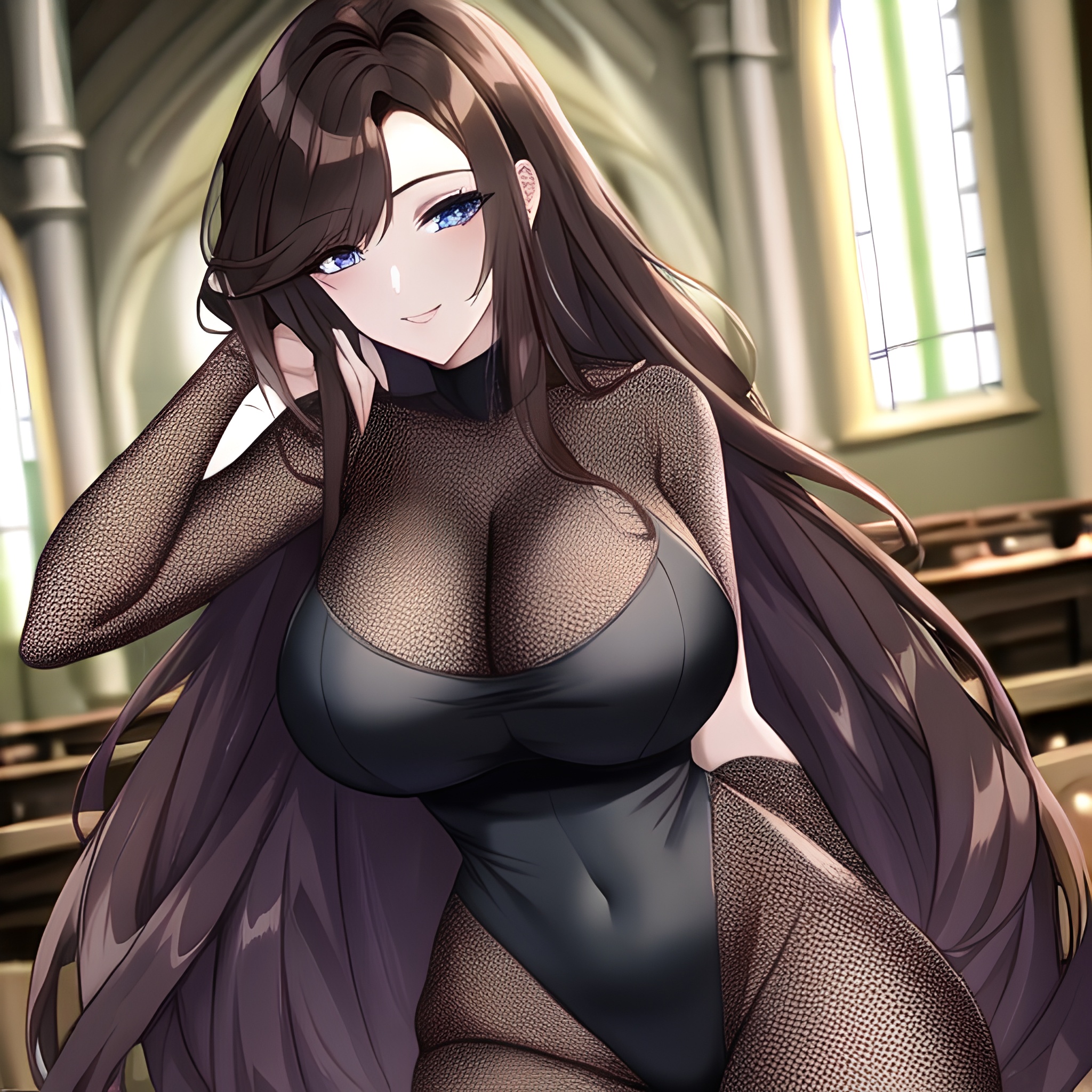 fishnet woman church long hair messy hair brunette 