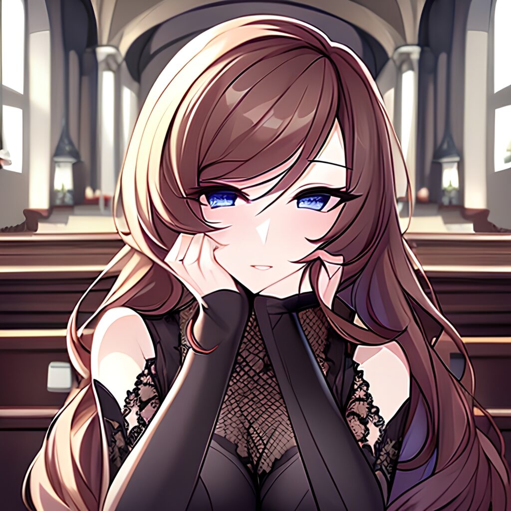 fishnet woman church long hair messy hair brunette 