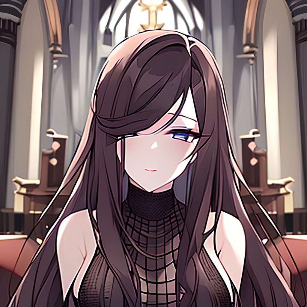 fishnet woman church messy hair brunette long hair 